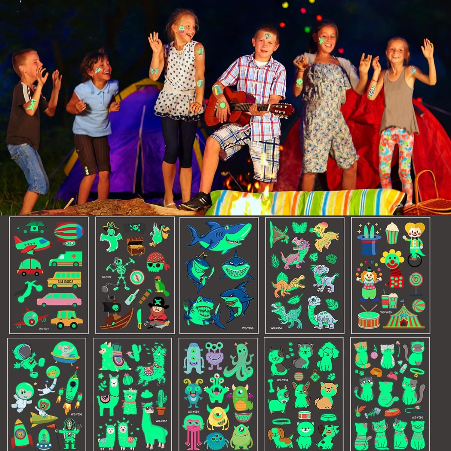 BliMli Glow in the Dark Temporary Tattoos Kids, 121 Patterns Green Luminous Waterproof Fake Tattoos Stickers, Mixed Styles with Construction Dino Shark Clown Robot Animal Cat Alpaca Marine Living Things, Boys Girls Birthday Party Decorations Supplies Favors
