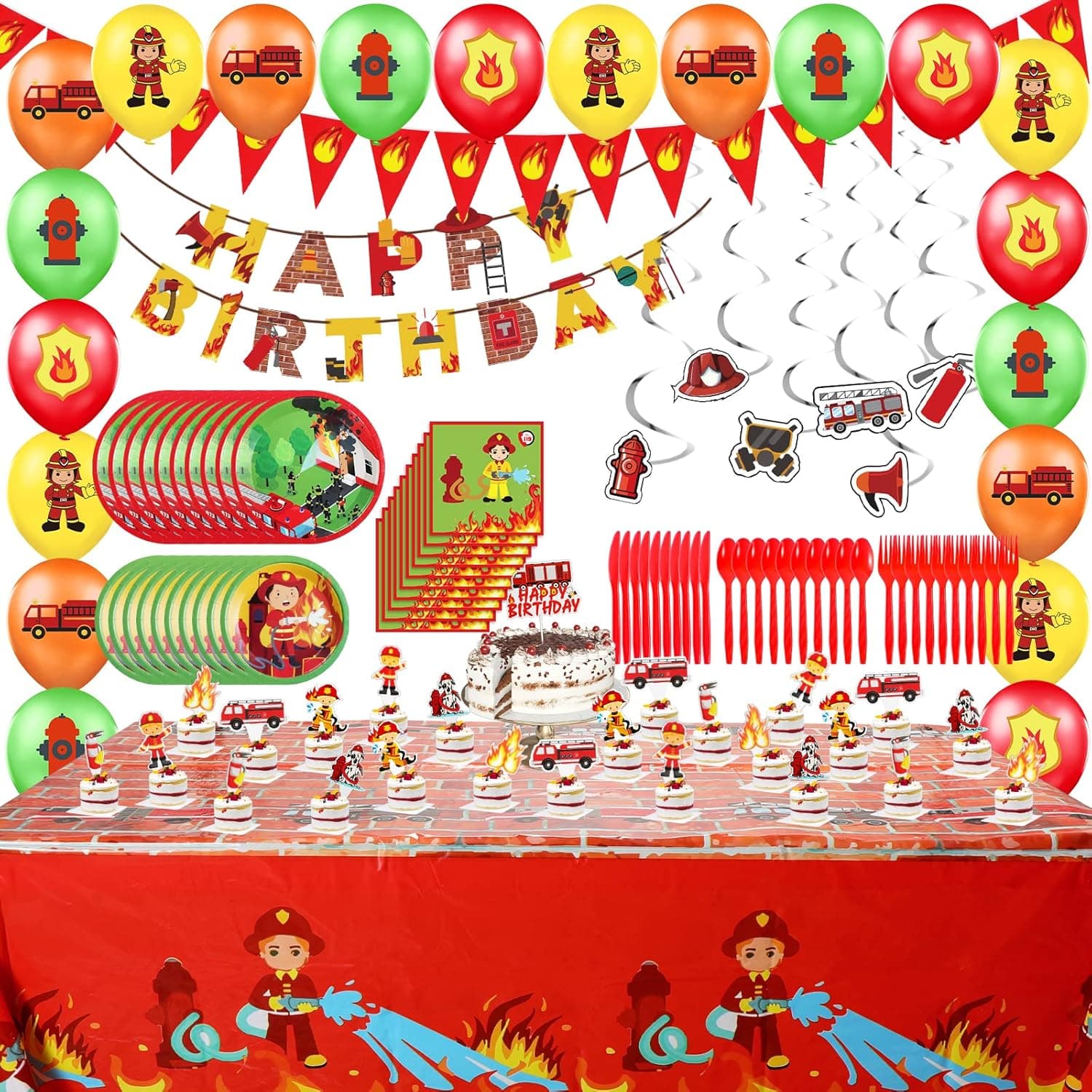 123Pcs Fire Truck Birthday Party Supplies Set, Plates, Napkins, Knives, Spoons, Forks, Table Cloth, Balloons, Happy Birthday Banner for Fireman Themed Birthday Party Supplies