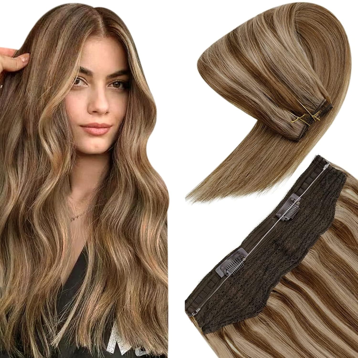 RUNATURE Halo Hair Extensions Real Human Hair Brown with Blonde Halo Extensions Real Human Hair Clip in One Piece Extensions Straight Headband Hair Extensions Halo 12 Inch 70g