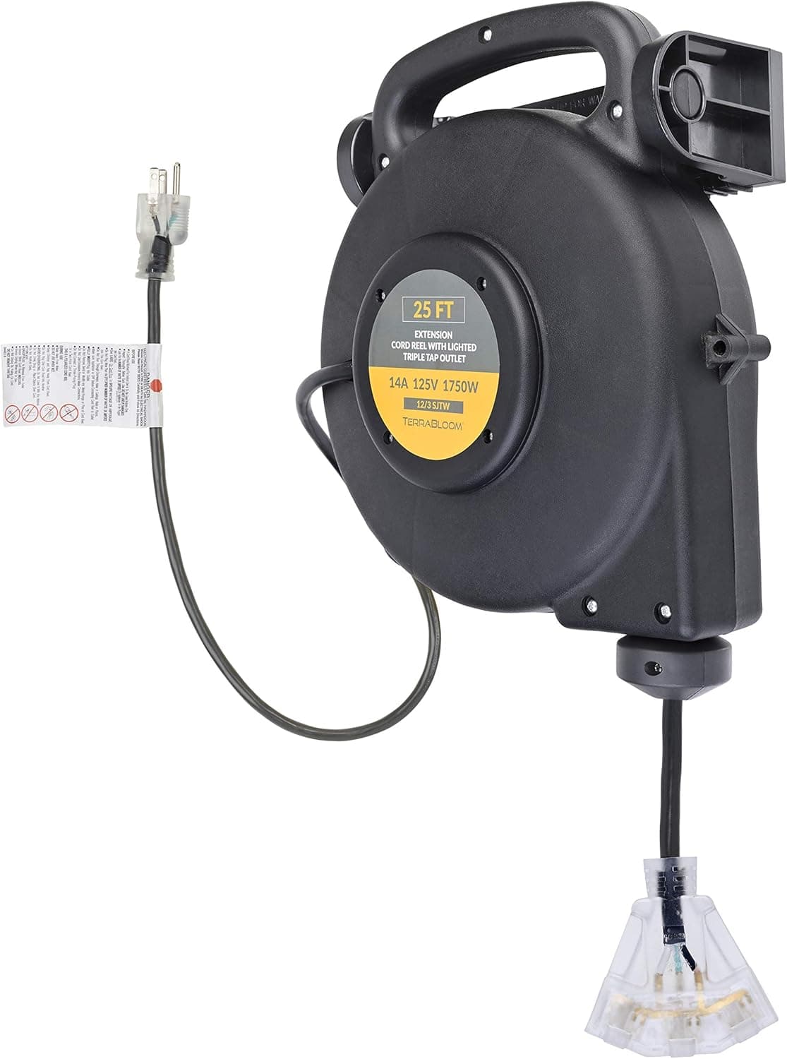 TerraBloom Retractable Extension Cord Reel - 25 FT long 12/3 Gauge wire - Retractable Cable Reel - Wall Mountable and Portable Extension Reel with 3 Electrical Outlets - UL listed 14 Amp 125V 1750W