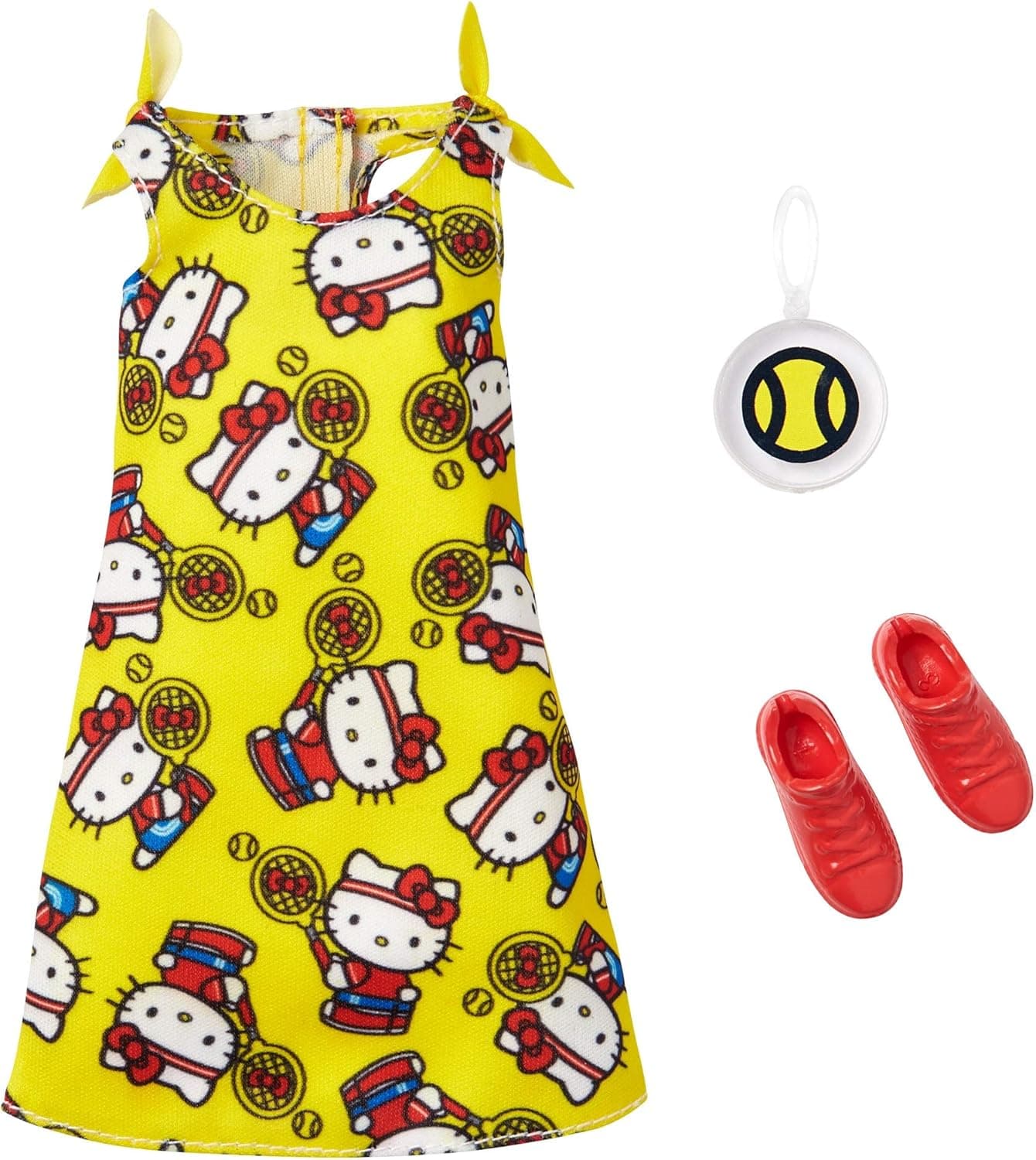 Barbie Doll Clothes Inspired by Hello Kitty, Complete Look with 2 Accessories, Yellow Dress with Hello Kitty Tennis Print, Red Sneakers & Tennis Ball Graphic Purse, Gift for Kids 3 to 8 Years Old