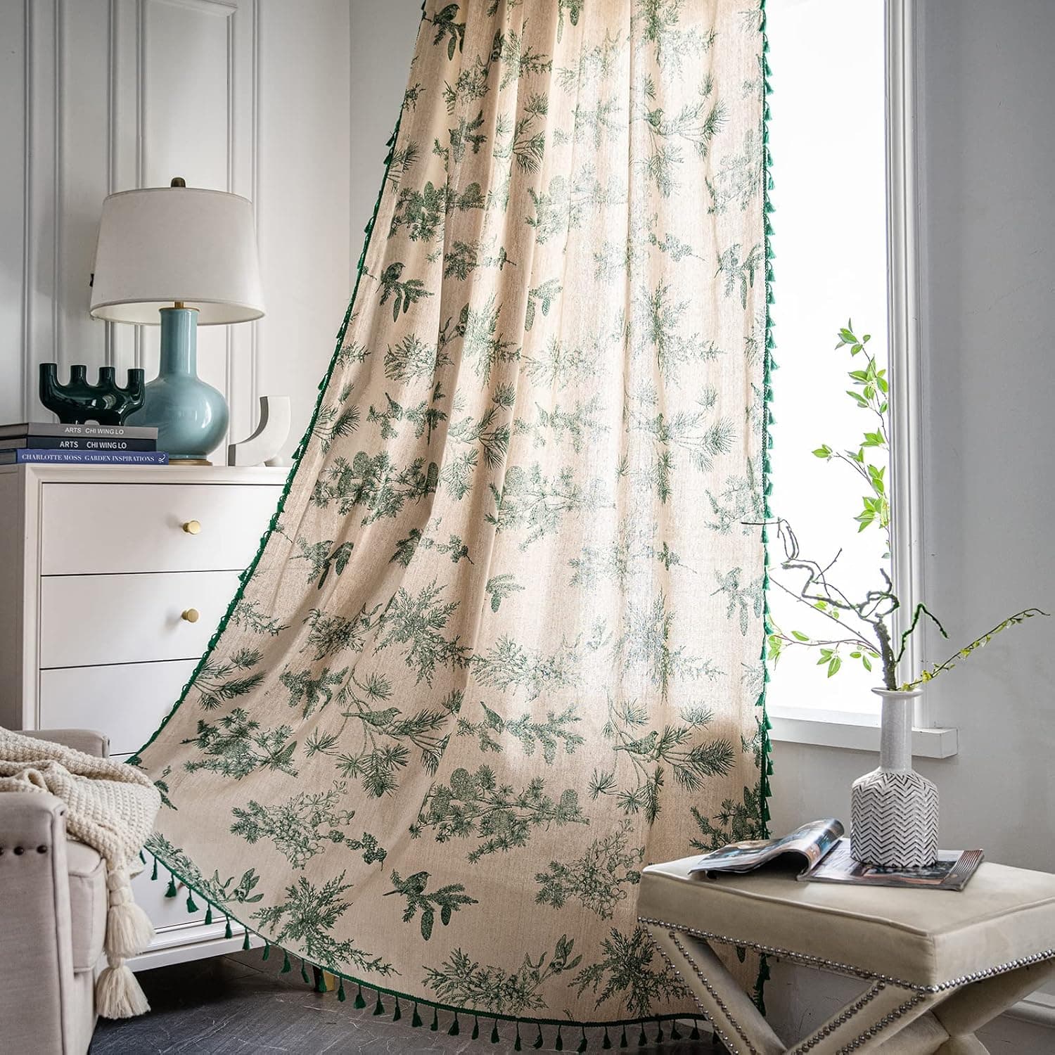 Bohemian Curtains with Tassel Green Semi-Blackout Drapes 63 Inch Length Cotton Linen Farmhouse Window Curtain Panels Floral Pattern Rod Pocket Room Darkening Curtain for Living Room Bedroom, 2 Panel