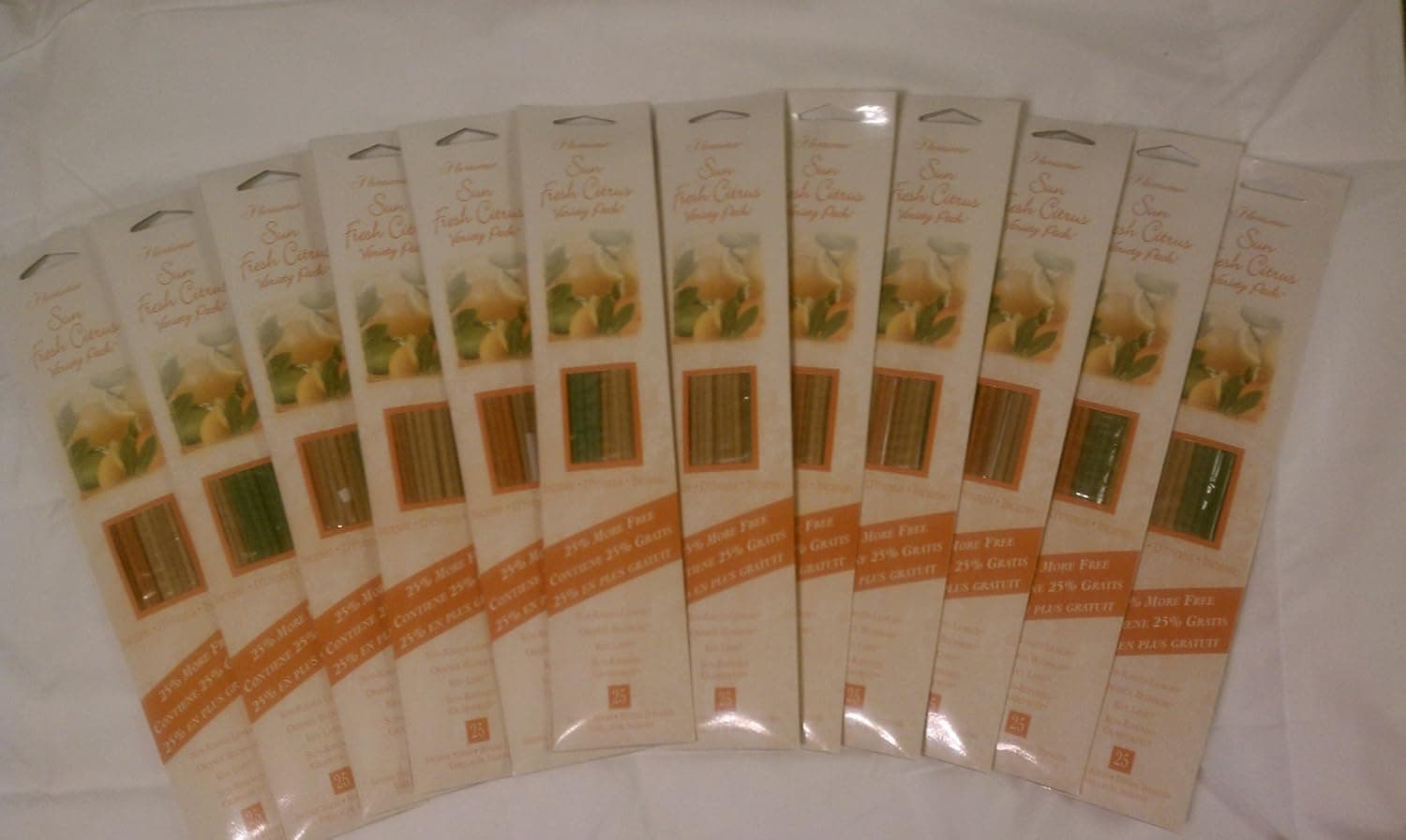 Sun Fresh Citrus Incense Variety Pack 25 pack (12 packs, 300 sticks). Sun Kissed Lemon, Orange Blossom, Key Lime, Sun Rippened Grapefruit