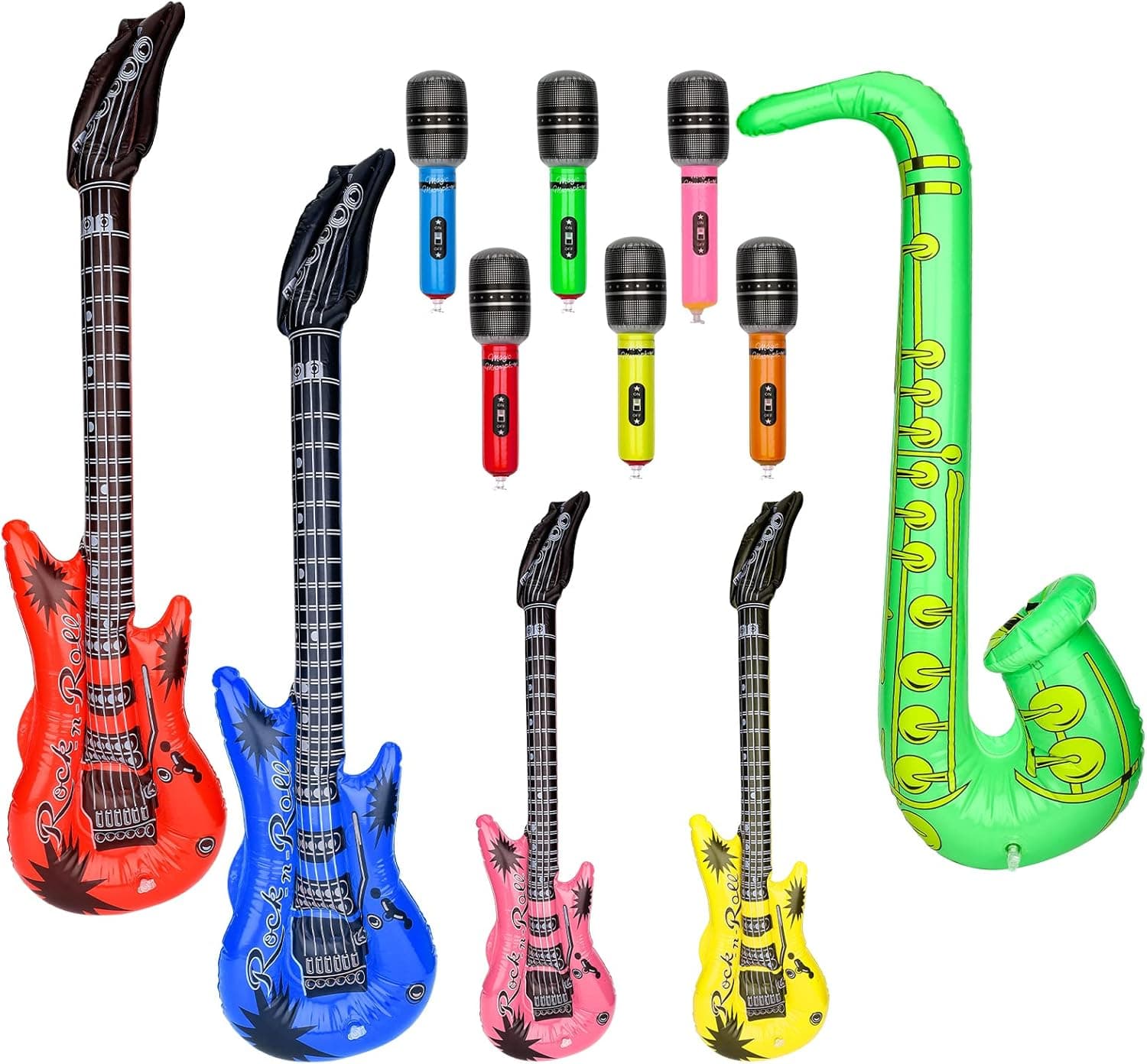 KINBOM 11Pcs Inflatable Rock Star Band Set, Waterproof PVC Music Instruments Party Props Blow Up Guitar Microphones Saxophone for Kids Toy Ornament Karaoke Theme Party Festival Role Play Cosplay