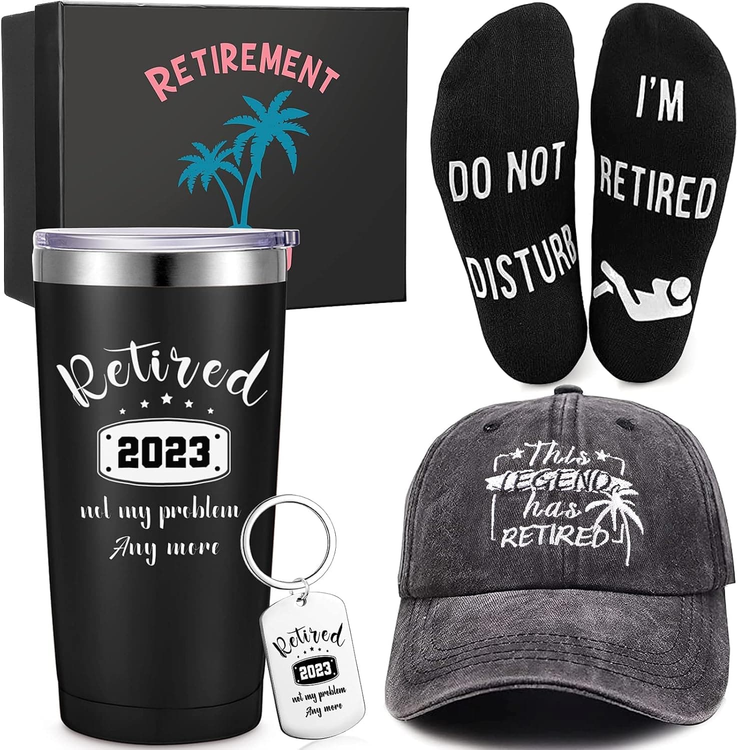 Sieral 5 Pcs Retirement Gift set for Men Funny Retired Presents Include Insulated Tumbler Baseball Cap Full Length Lounge Socks Keychain with Gift Box for Coworkers, Retired People, Dad (Tree Style)