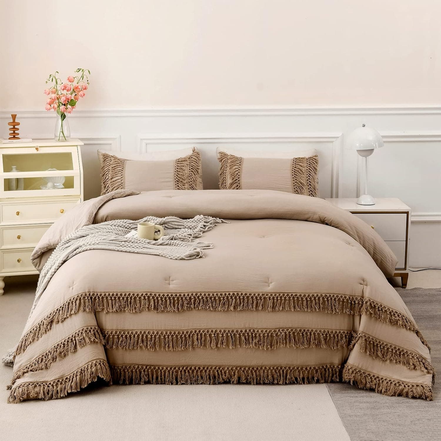 CozyTide Taupe Comforter Set Queen Size, 3 Pcs Ultra Soft Farmhouse Tassel Bedding Set, 100% Washed Microfiber Inner Fill All Season Bedroom Bedding (1 Fringe Comforter, 2 Pillows Cases)