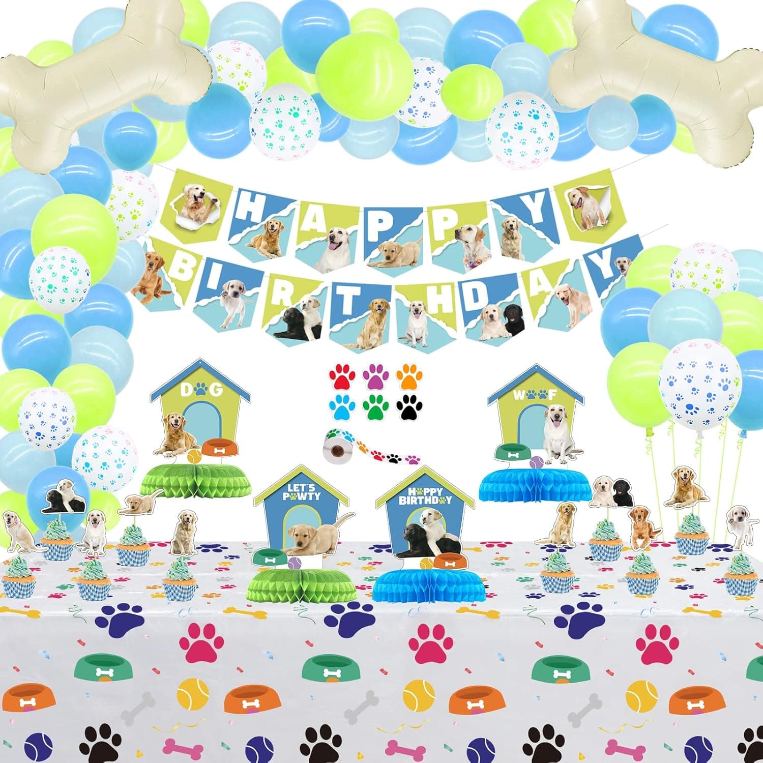 Dog Theme Party Decorations - Happy Birthday Dog Banner, Paw Tablecloth, Dog Paw Sticker, 4Pcs Table Centerpieces, 72Pcs Balloons for Boys Puppy Birthday Party