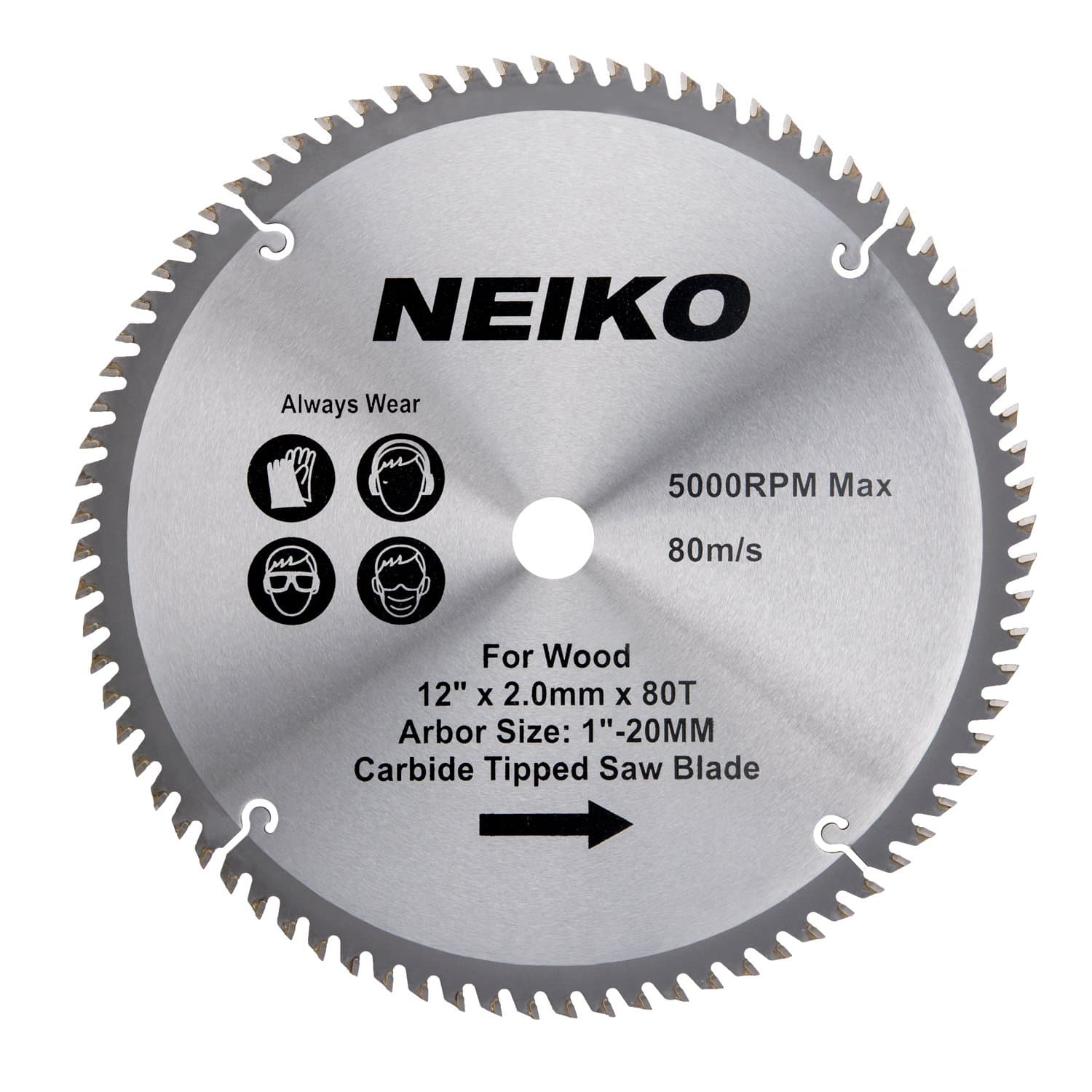 NEIKO 10768A 12" Carbide Chop Saw Blade, 80 Tooth with 1-Inch Arbor, Compatible with Miter, Table, Radial Arm, Cut-Off, Standard Circular Saws, for Home Building, Construction, Woodworking, Forest