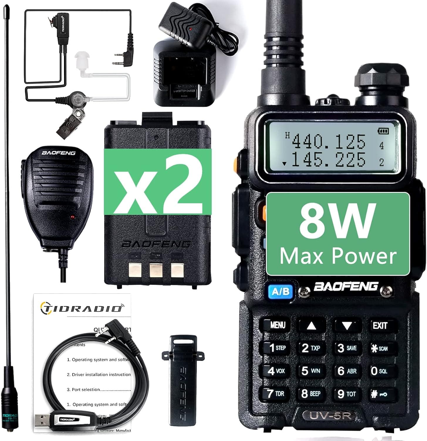 BaoFeng Radio (Upgraded from BaoFeng UV-5R) 8Watt Ham Radio Handheld with Extra 1800mAh Battery and 771 Long Antenna Dual Band Walkie Talkies Two Way Radio Includes Full Kit