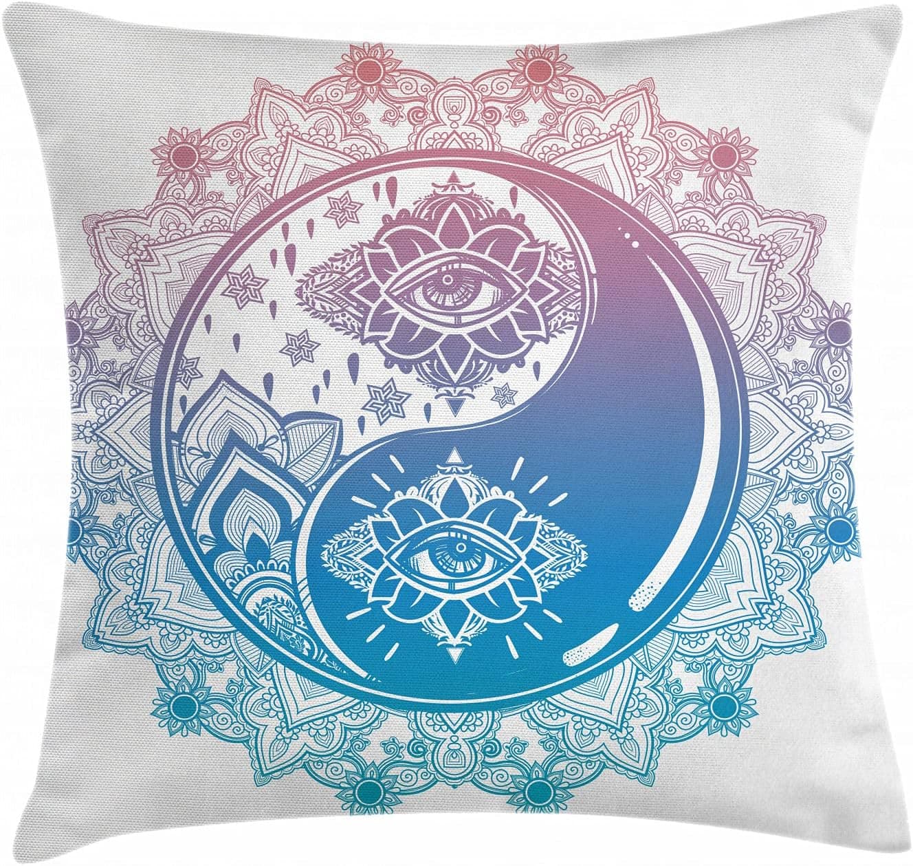 Ambesonne Ying Yang Throw Pillow Cushion Cover, Mandala Round Ombre Pattern with Yin Yang Third Eye Cultural Art, Decorative Square Accent Pillow Case, 20" X 20", Pink Blue