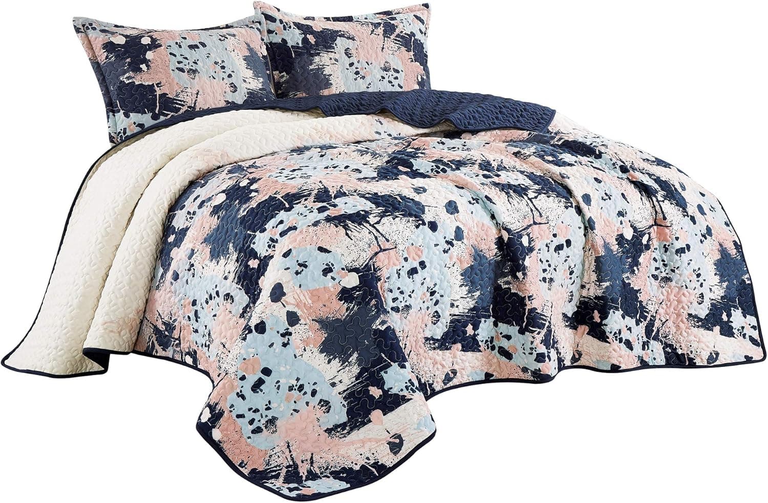 Jaba 3-Piece Fine Printed Queen Size Quilt Set, All-Season Bedspread, Hermia Coverlet with Pillow Shams Bed Cover (Navy, Blue, Coral, White, Abstract)