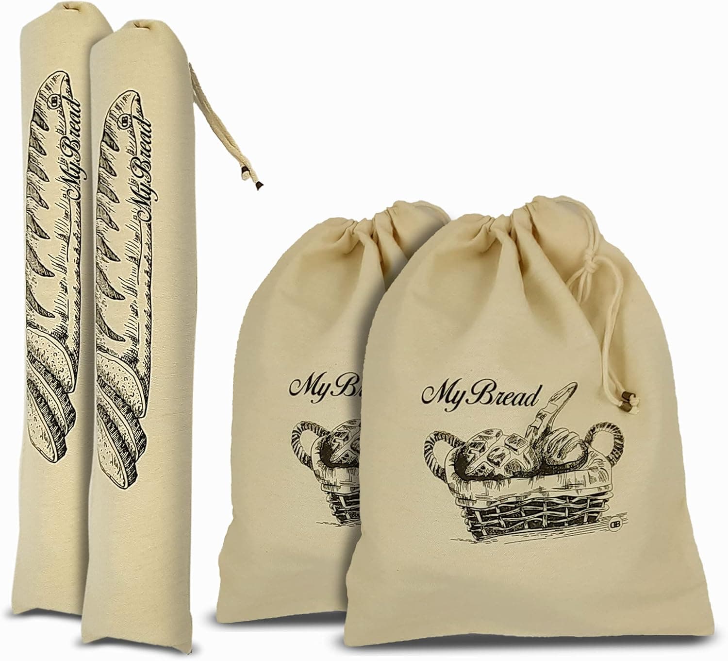 Handmade Linen Bread Bags for Storing Homemade and Normal Bread, Reusable and Washable Linen Bags for All Kind of Bread (4, 2 Baguette(6"x27")-2 Medium Size(13"x15"))