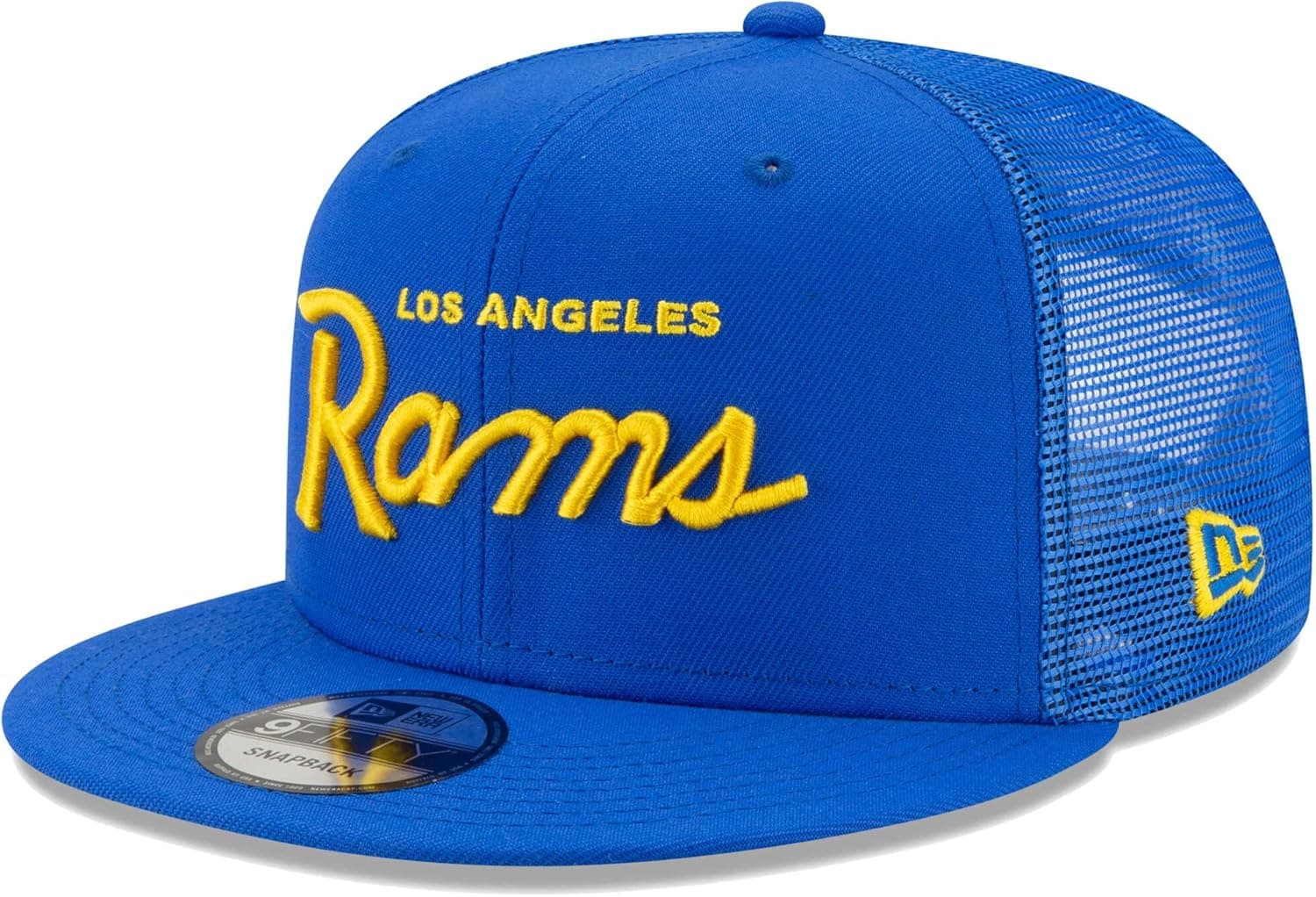 New Era Men's Royal Los Angeles Rams Script Trucker 9FIFTY Snapback Hat