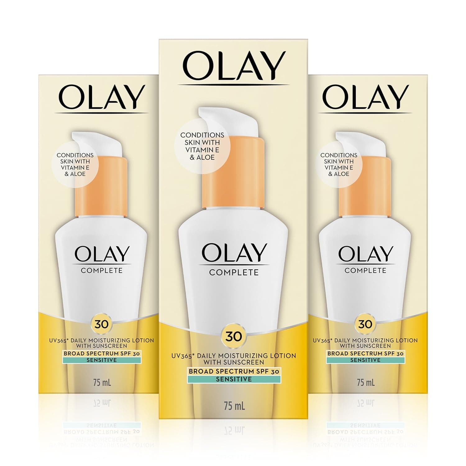 Olay Complete Lotion Moisturizer with Sunscreen SPF 30 Sensitive, 2.53 Fluid Ounce, Pack of 3