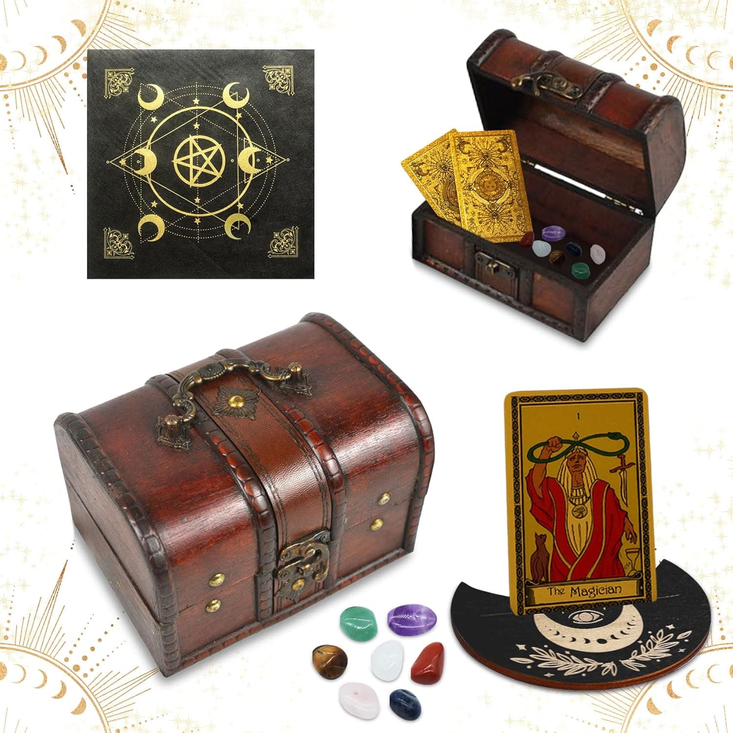 Knana Tarot Card Case - Tarot Card Storage Box - with Moon Shape Stand Holder and Tarot Cloth - Tarot Accessories - Retro Design - 10PCS