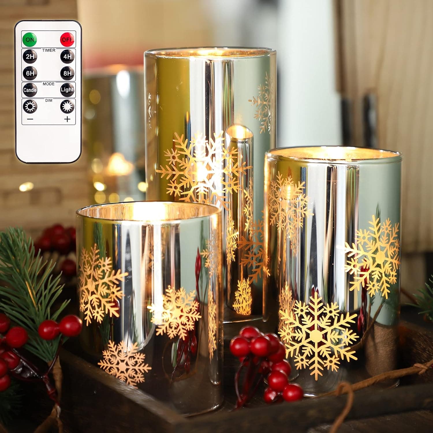 FLAVCHARM Snowflake LED Flameless Candles with Remote and Timer, Electroplate Glass Candles Operated by Battery, Christmas LED Flickering Candles Decoration for Bedroom, Party, Wedding