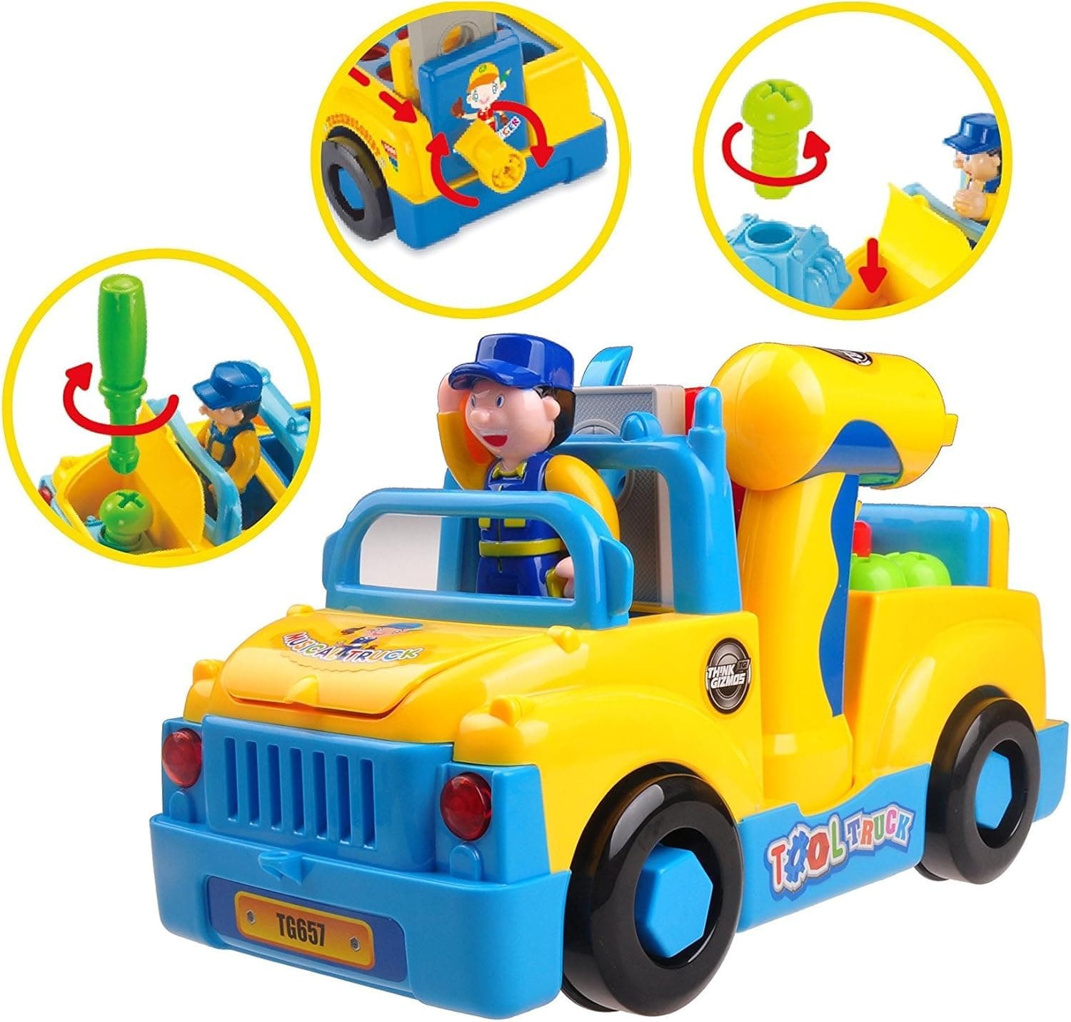 Take Apart Bump and Go Musical Truck with Lights TG657 – Fun Take Apart Construction Toy for Toddlers (Boys & Girls) Aged 3,4,5,6 – Includes Sounds & Toy Electric Drill by ThinkGizmos
