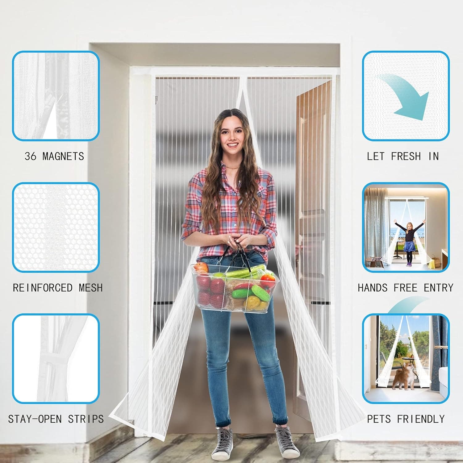 Romise Magnetic Screen Door, Heavy Duty Screen Door Mesh, Hands-Free Self Sealing Door Screen Magnetic Closure with 36 Magnets Keeps Bugs Out - Pet & Kid Friendly - 38 x 82 Inch (White)
