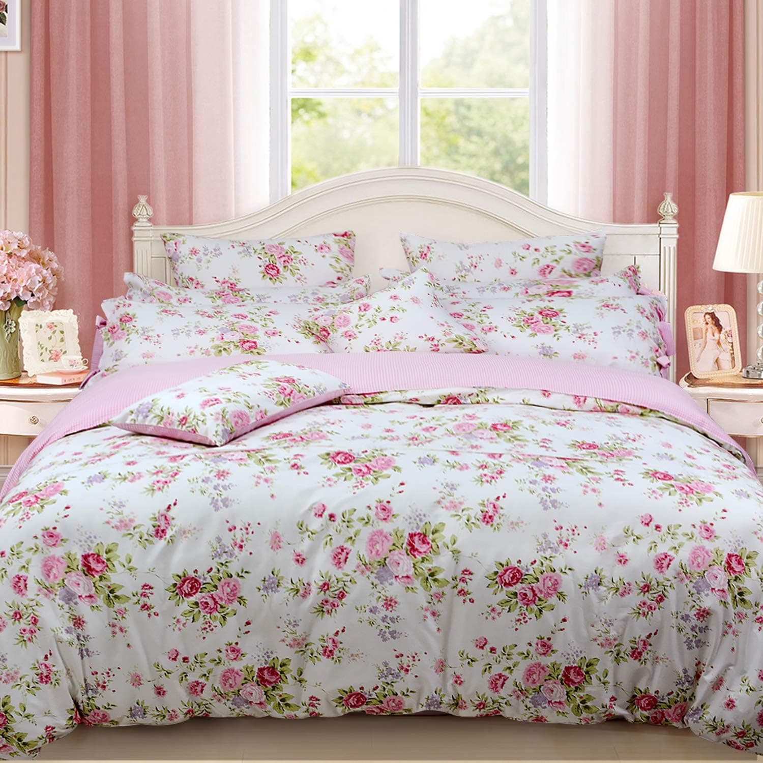 FADFAY Shabby Rose Floral Duvet Cover Pink Plaid Girls Bedding Set 100% Cotton Ultra Soft Bed Sheet Set,5Pcs (1 Duvet Cover +1 Fitted Sheet+ 1 Flat Sheet +2 Standard Pillowcases), Twin Size