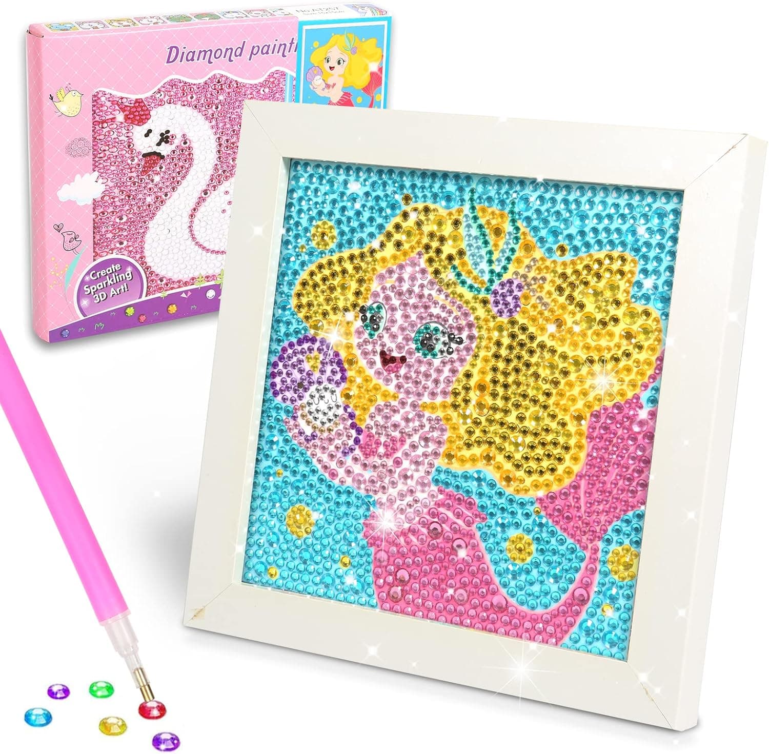 PanLynner Diamond Painting Kits for Kids with Wooden Frame, Gem Arts and Crafts for Kids Paint by Numbers as Toys, Home Wall Decoration, Gifts for Girls Boys Ages 6-8-10-12-14 (Blue Mermaid)