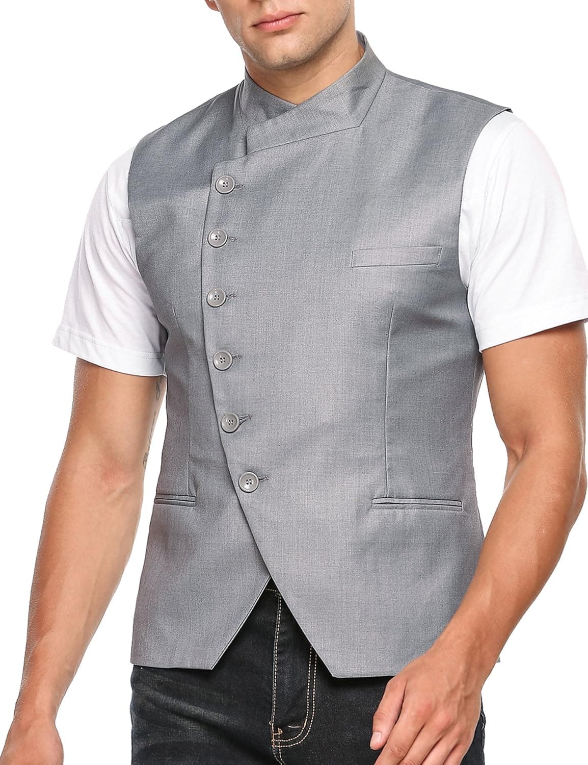 COOFANDY Men's Slim Fit Sequins Vest V-Neck Shiny Party Dress Suit Stylish Vest Waistcoat (Large, 02-Gray)