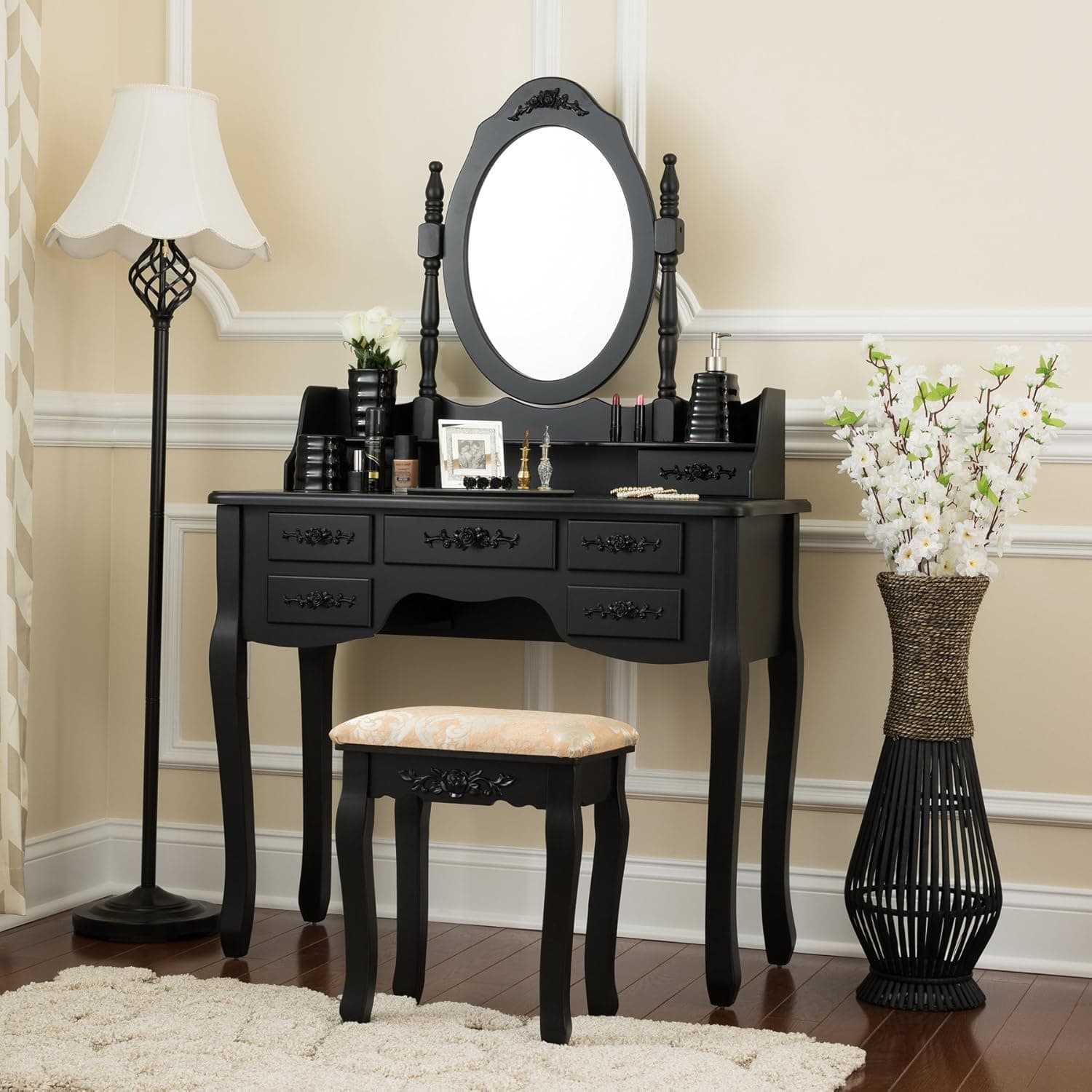 Fineboard Vanity Set with Stool and Mirror Makeup Table with 7 Organization Drawers, Single Oval Mirror Make Up Vanity Table Set, Black