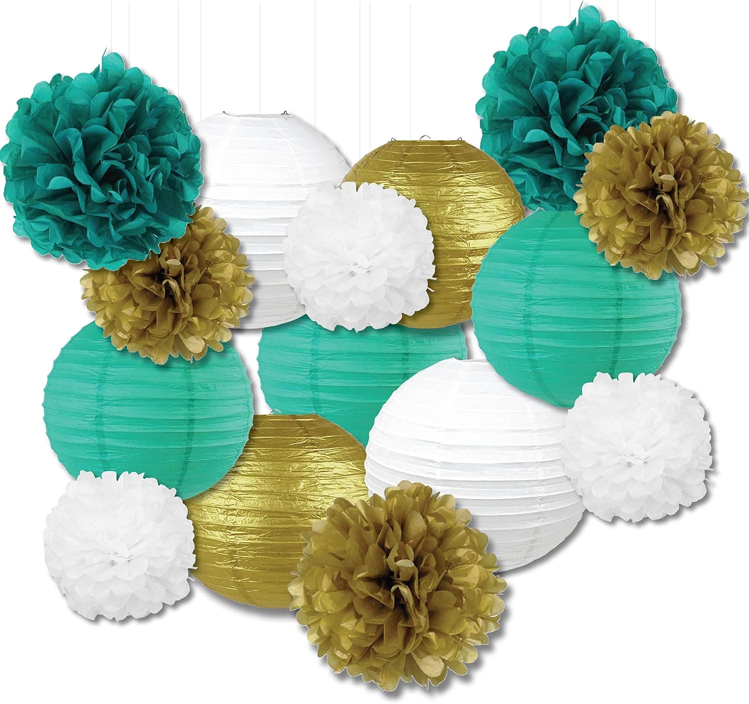 Just Artifacts Decorative Paper Party Pack (15pcs) Paper Lanterns and Pom Pom Balls - Teal/White/Gold
