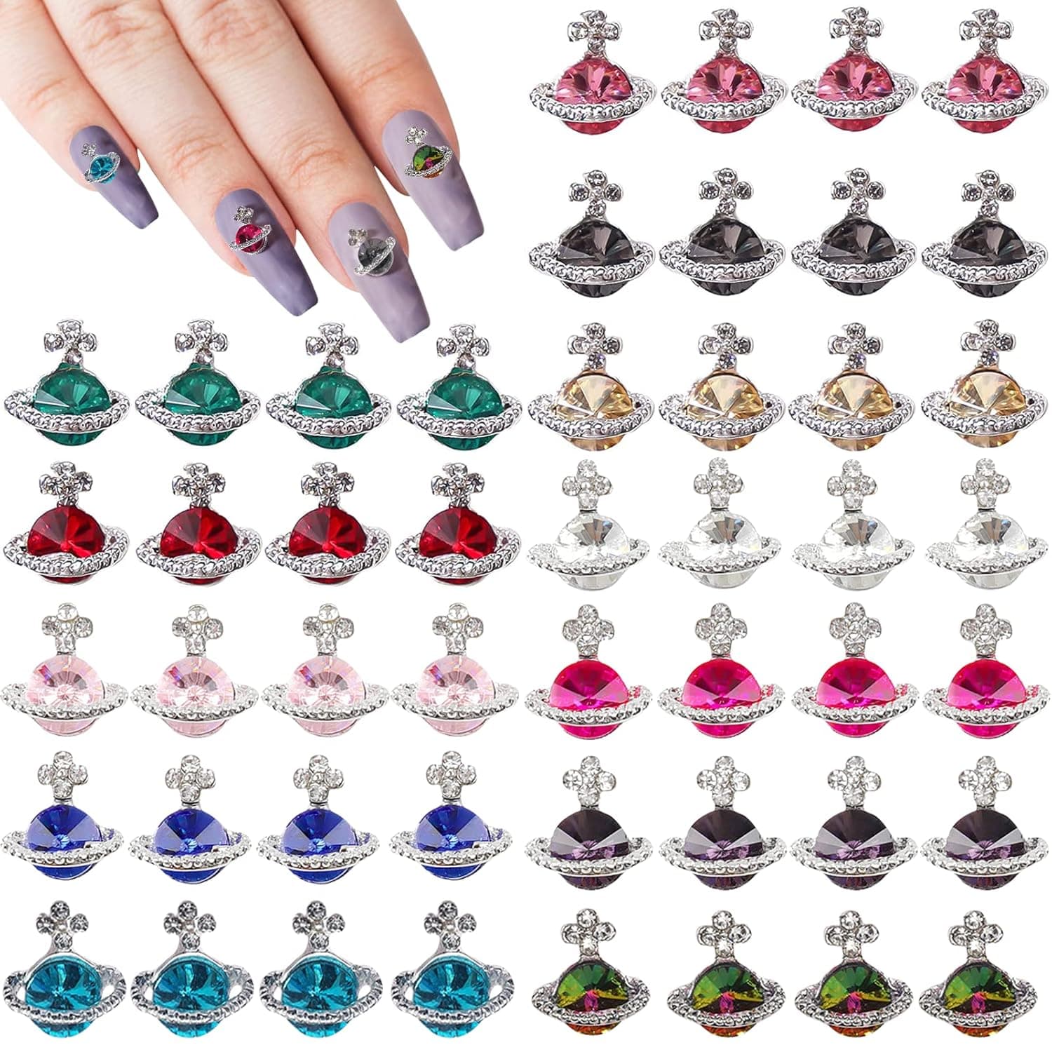 60 Pcs Nail Charms Planet Nail Rhinestones 3D Shiny Saturn Shape Nail Art Alloy Diamond Crystal Luxury Nail Ornament Gems for Girls Nail Art DIY Crafts Decoration Supplies(12 Colors)
