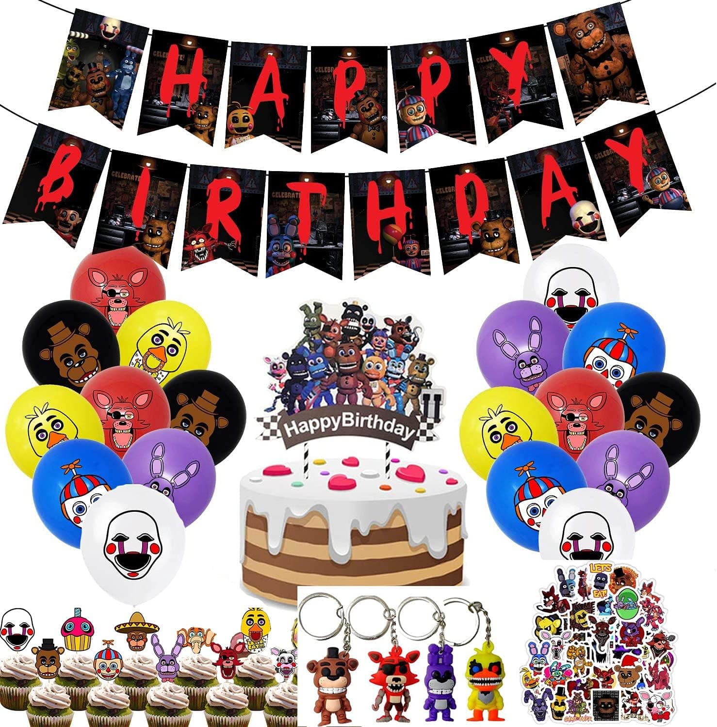 Jinelle Five Nights at Freddys Birthday Party Supplies, Birthday Banner Cake Topper Cupcake Toppers Balloons Stickers & Keychains Figures FNAF Party Decorations Favors