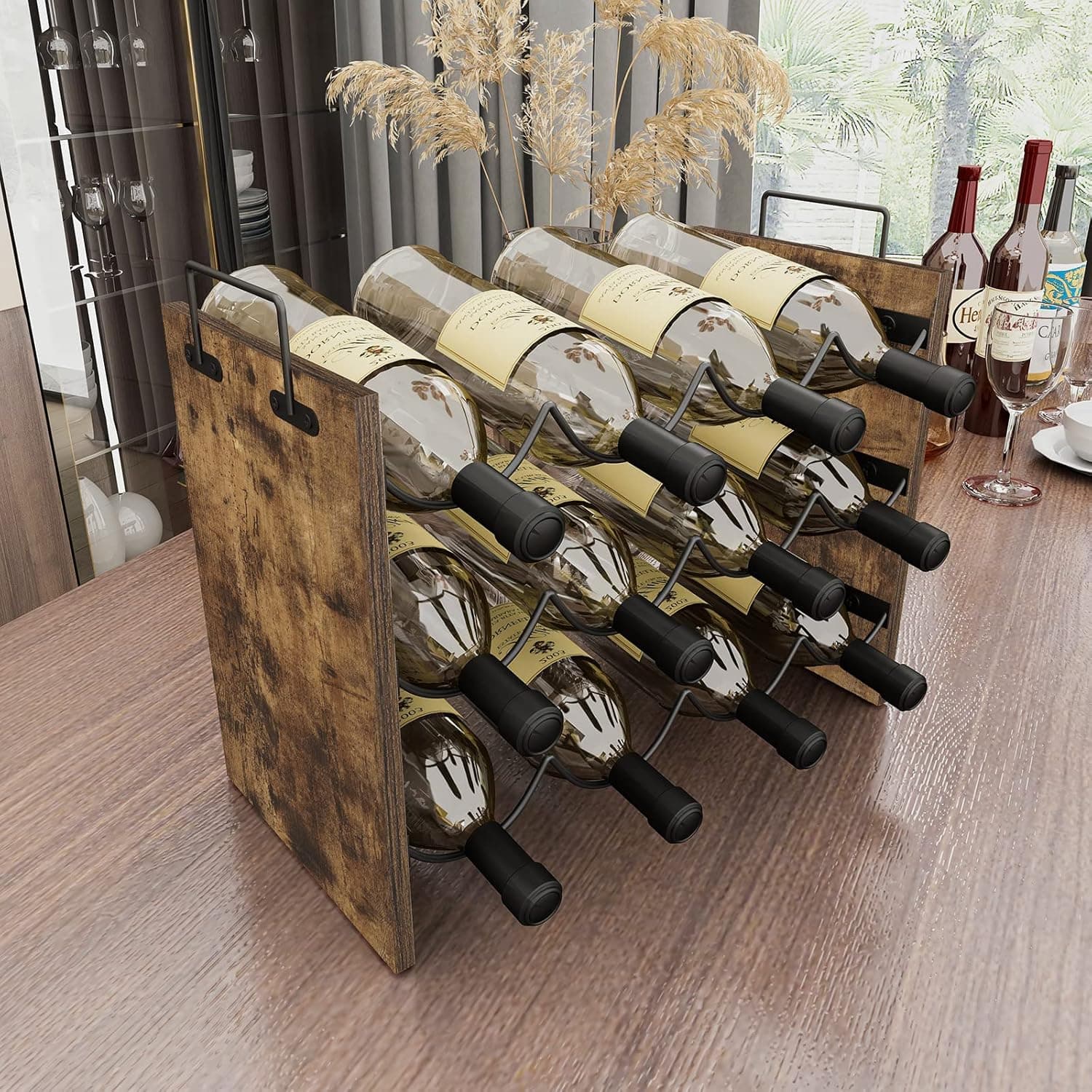 Honiter Wine Racks Stackable - Countertop Sturdy Steel&Wood Wine Holders Stands for Tabletop - 12 Bottle Wine Rack Storage Organizer 3 Tier Freestanding Floor for Pantry Cabinet Kitchen Bar Cellar