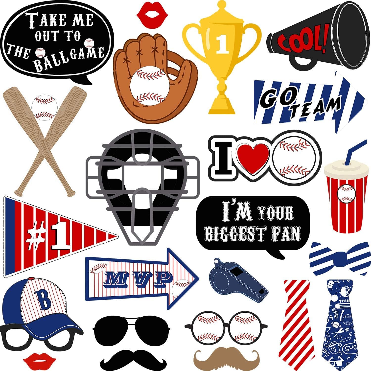 24 Pieces Baseball Photo Booth Props Kit Baseball Theme Party Birthday Party Supplies for Adults Kids