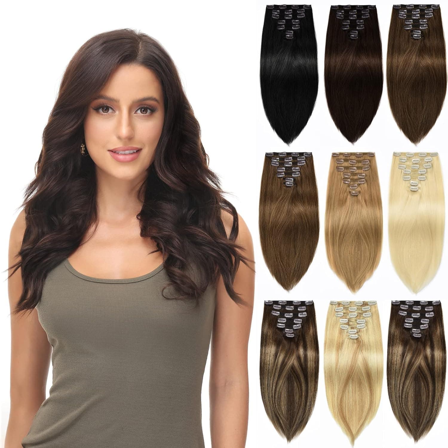 Rose bud Clip in Hair Extensions Real Human Hair 7Pcs 16Clips 20Inch 160g Natural Thick Hair Extensions Human Hair