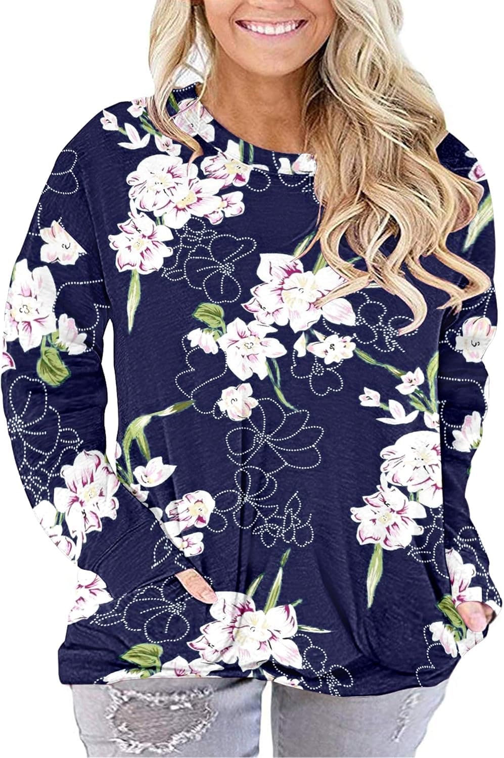 PLOKNRD Women Plus Size Casual Round Neck Long Sleeve Fit Tunic Top Baggy Comfy Blouse with Pockets