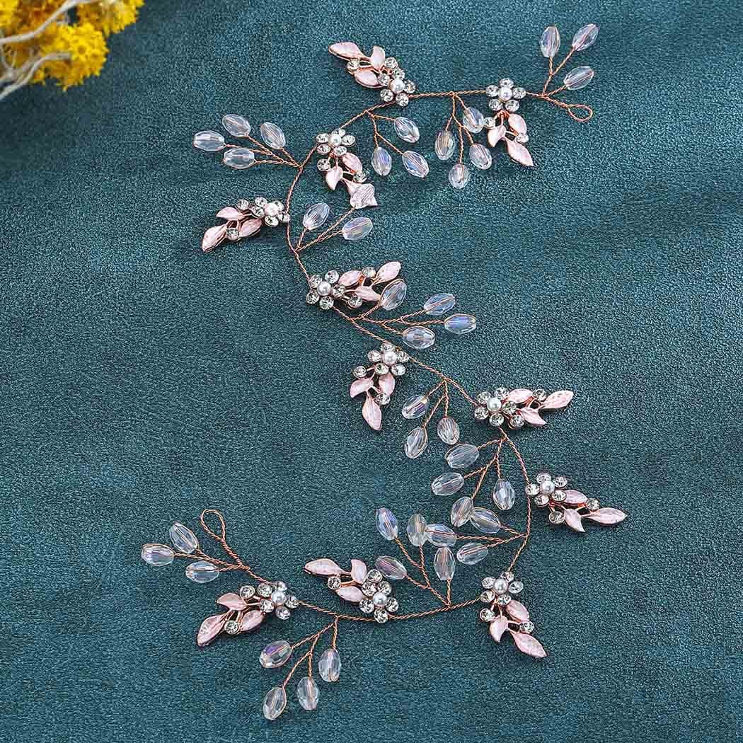Aukmla leaf Bride Wedding Hair Vine Flower Bridal Hair Piece Rhinestone Hair Accessories for Women and Girls (Rose Gold)