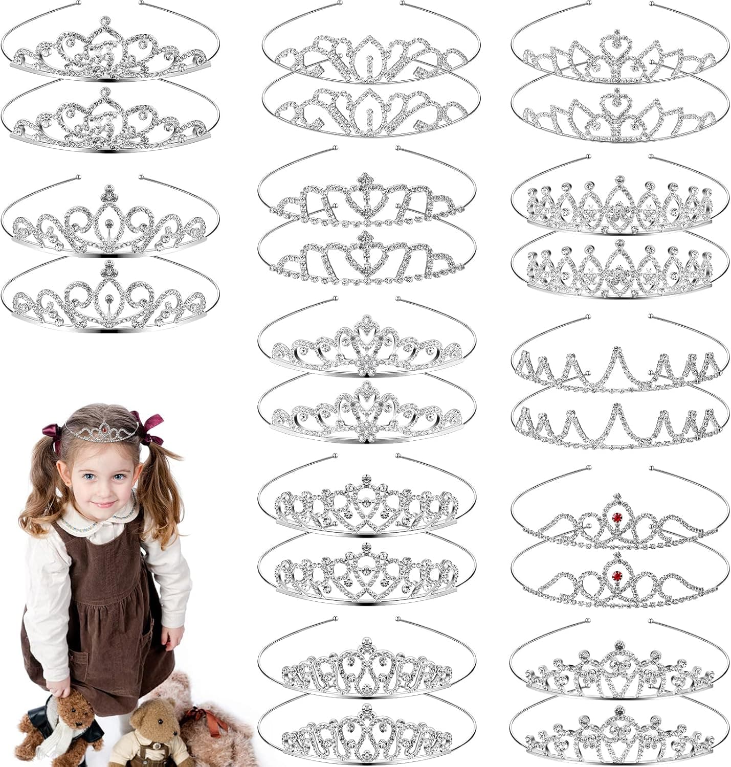 24 Pieces Girls Crystal Tiara Crown Rhinestone Tiara Headband Bling Crystal Princess Tiaras Silver Heart Crown Headband for Wedding Prom Birthday Party Hair Jewelry, 12 Styles
