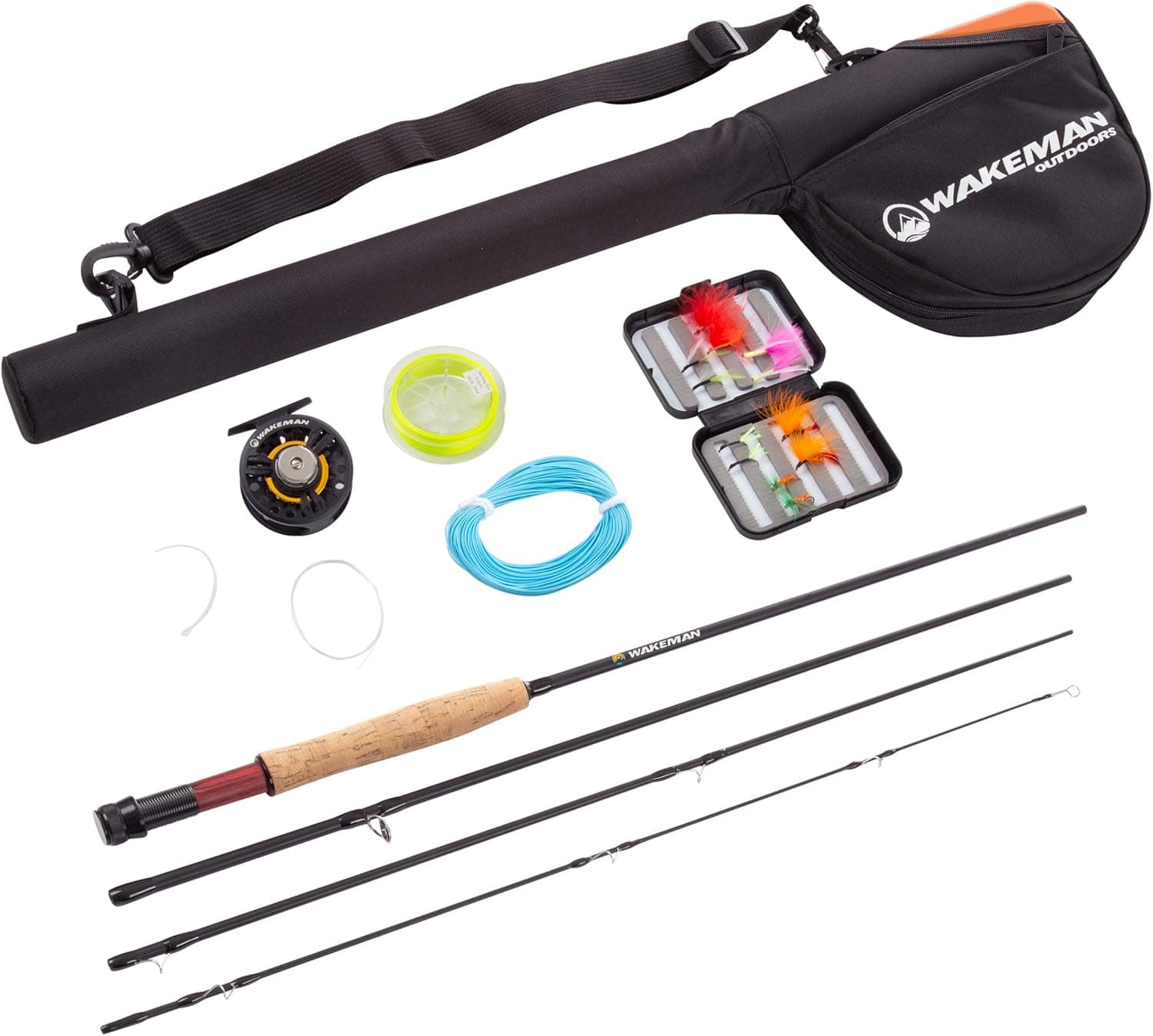 Fly Fishing Pole Collection – 3 Piece Collapsible Fiberglass and Cork Rod and Ambidextrous Reel Combo with Carry Case and Accessories by Wakeman Outdoors