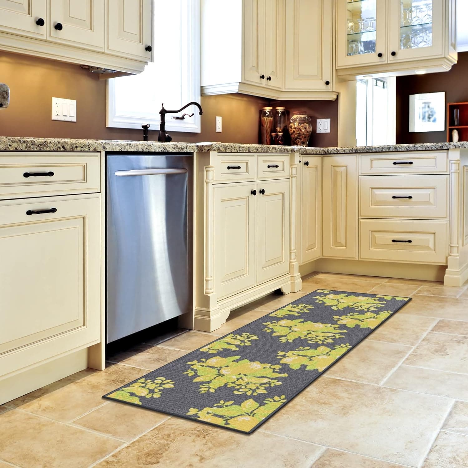 Ottomanson Glamour Collection Non-Slip Rubberback Lemons Design 2x5 Kitchen Runner Rug, 20" x 59", Gray Lemons