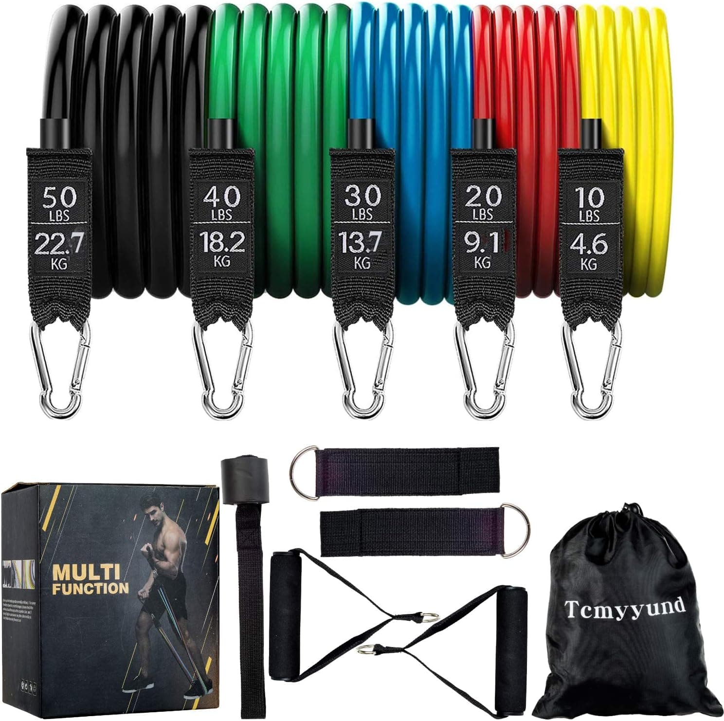 Resistance Bands Set 100% Latex Exercise Cords with Handles Door Anchors and Ankle Straps, Stackable up to 150lbs, for Resistance Training, Physical Therapy, Home Workouts Tcmyyund