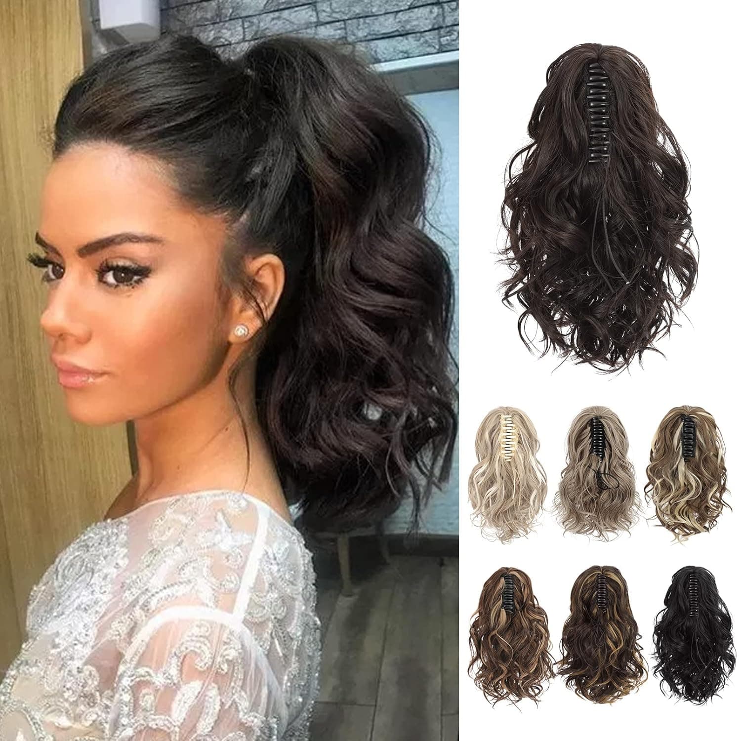 HOOJIH Ponytail Extension, Claw Clip in Ponytail Hair Extensions 10 Inch Short Curly Ponytail Natural Wavy Synthetic Hairpiece for Women Daily Use - Black Brown