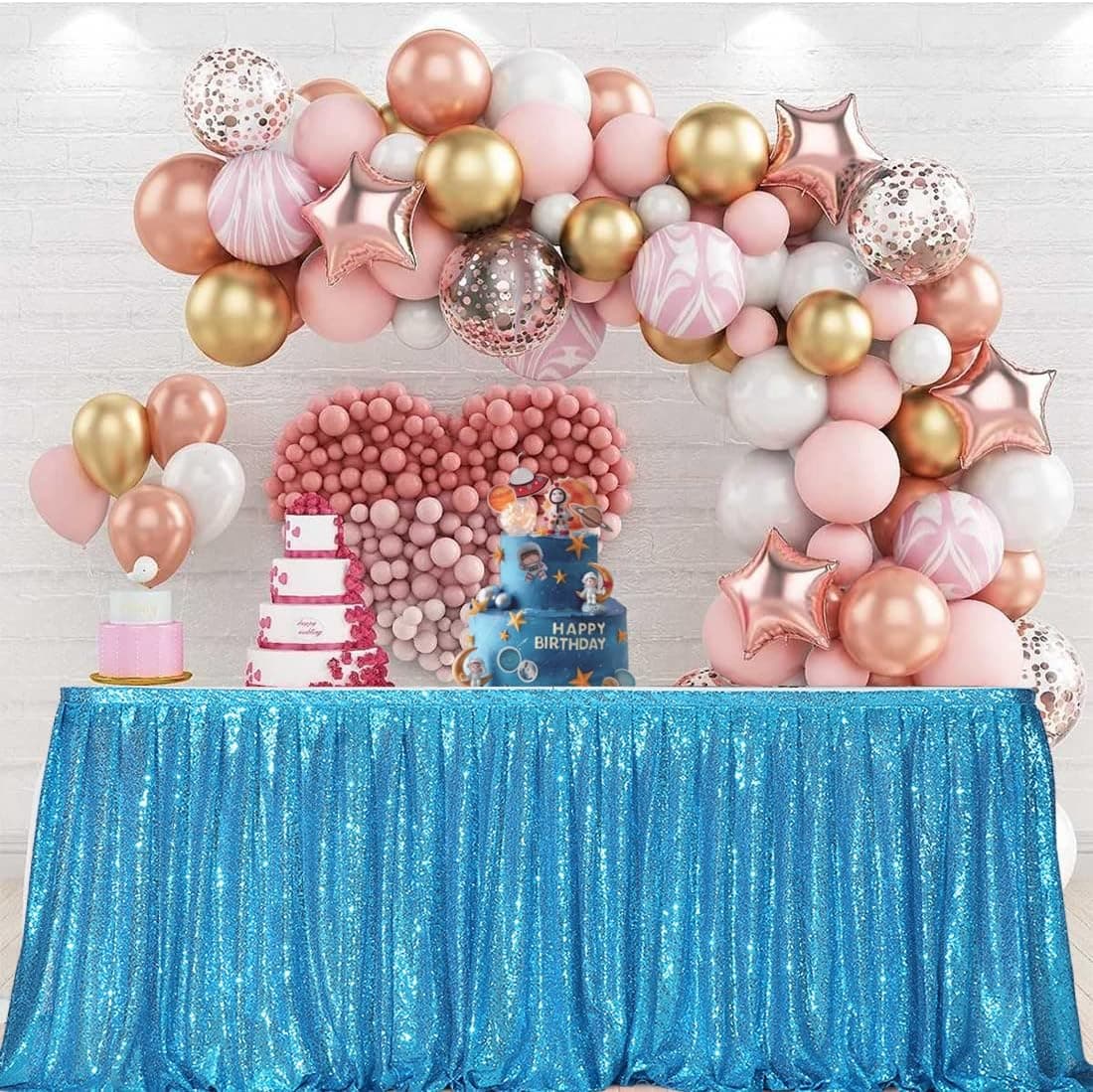 PartyDelight 9ft Turquoise Sequin Table Skirt for Round/Rectangle/Square Table for Birthday Party Wedding Christmas.