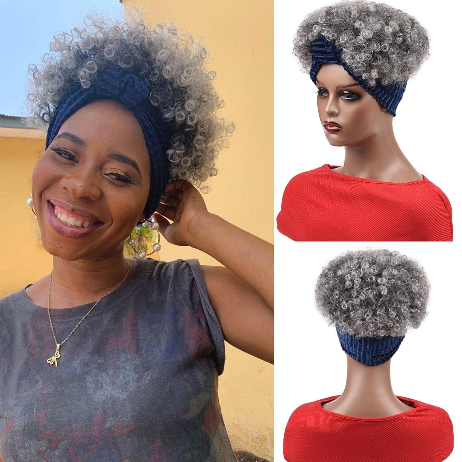 Head Wrap Wigs 2 in 1 Synthetic Hair Wigs Headband Wigs High Puff Pineapple Scarf Afro kinky Curly Wigs Short Heat Resistant Wigs with Color Turban for Women (Grey)