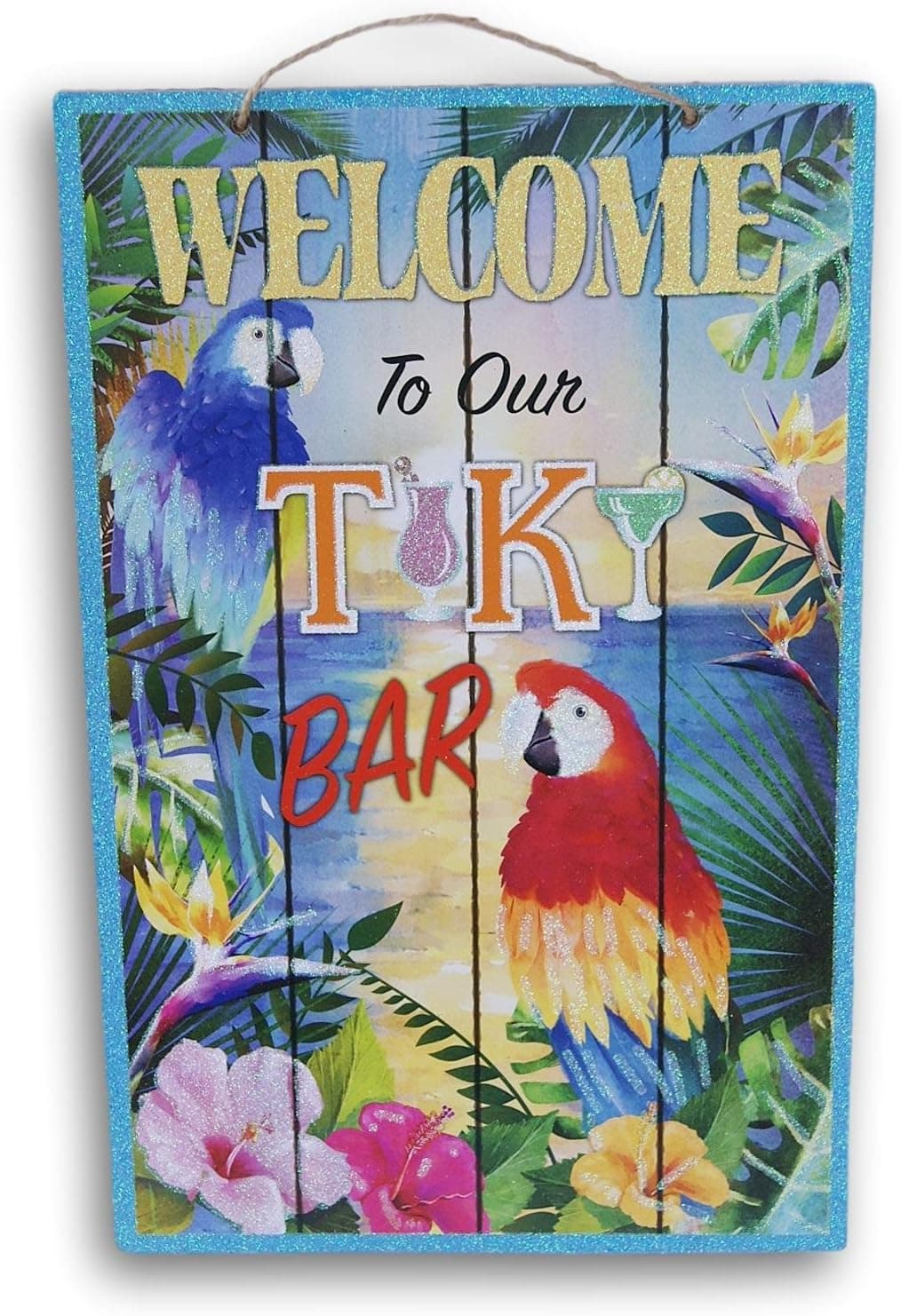 Welcome to Our Tiki Bar Glittery Summer Beach House Hanging Welcome Sign - 9 x 14 Inches