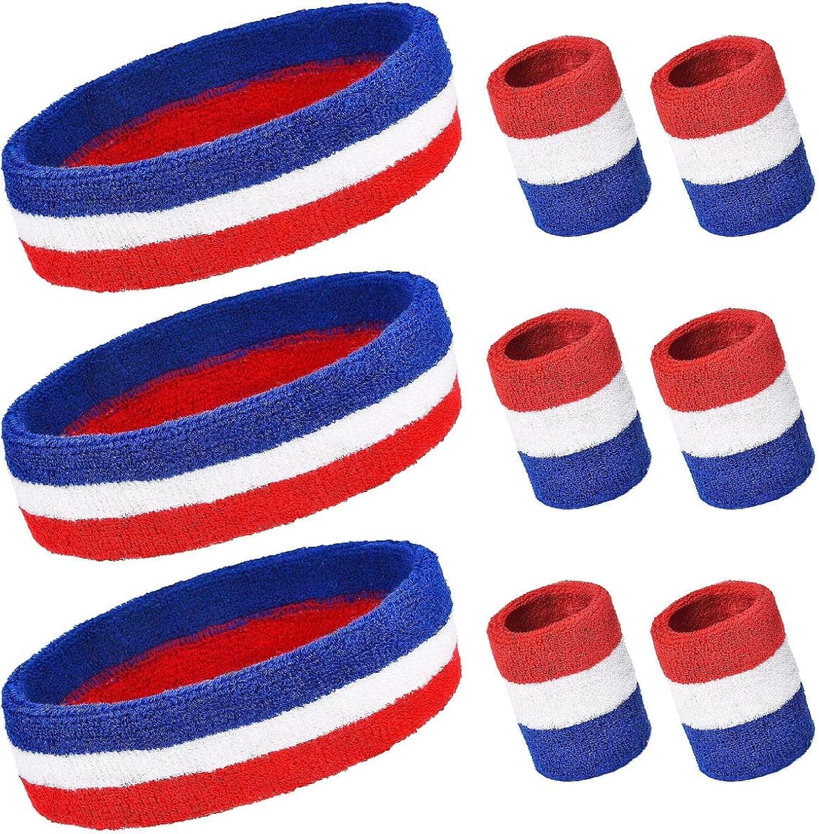 PAMASE Striped Sweatbands Set, Including Sports Headbands and Wristbands Cotton Sweat Band American Flag Style for Tennis Athletic Men Women