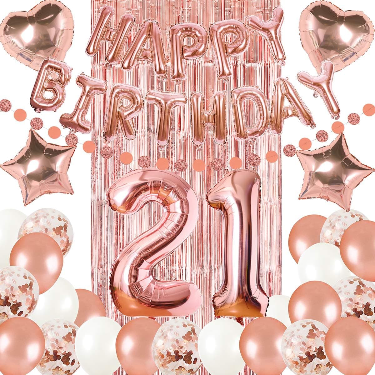 21st Rose Gold Birthday Decorations -38 Pieces Birthday Decorations kit with 40 Inch foil Balloons,Foil Happy Birthday Banner, Rose Gold Confetti Balloons, Star and heart foil Balloons,Tinsel Fringe Foil Curtains for Girls 21st Birthday Party Decorations