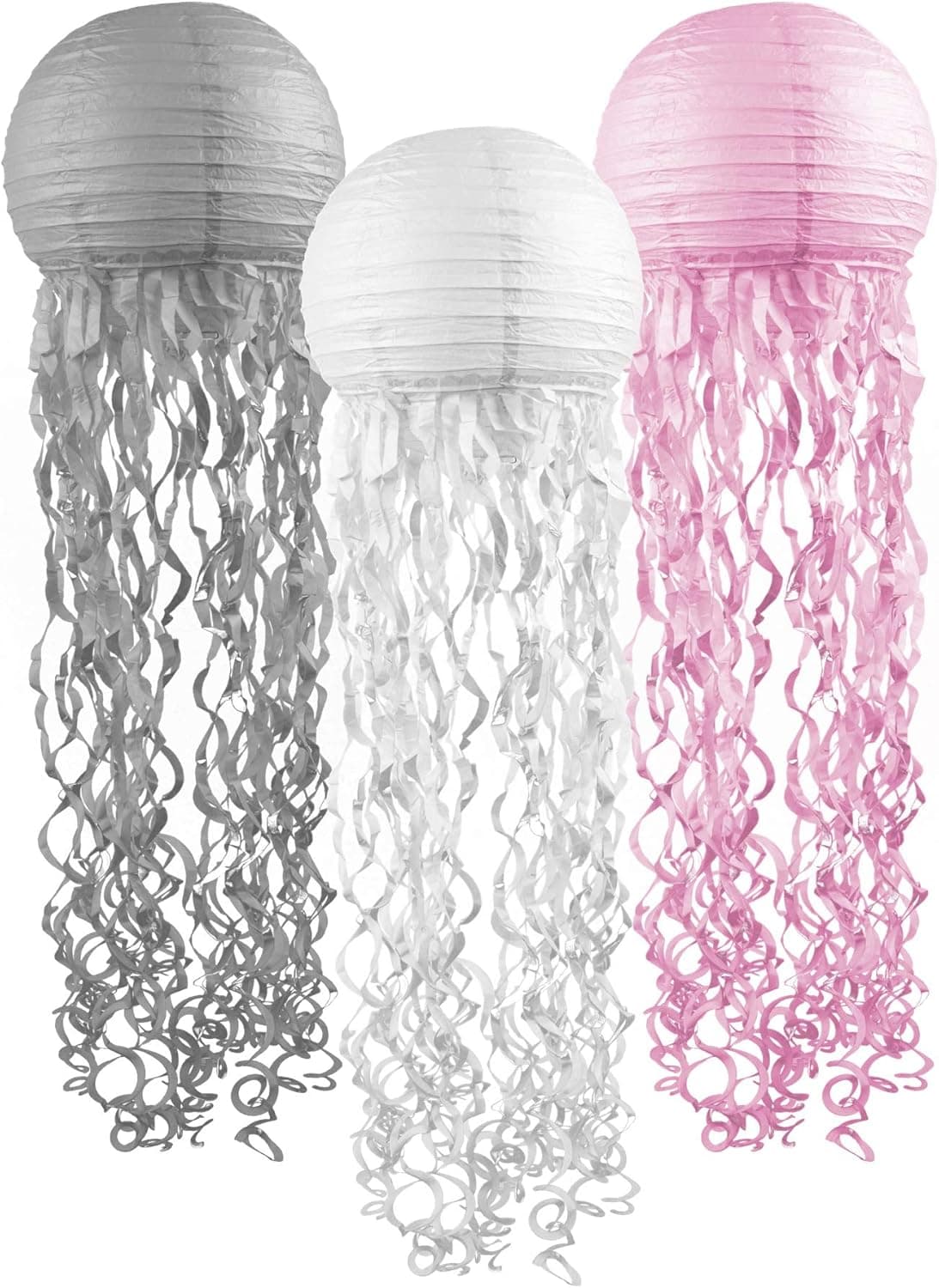 Jellyfish Paper Lanterns 3 Pack Pink White and Gray Mermaid Under The Sea Ocean Birthday Party Decorations Supplies Easy Setup Room Décor
