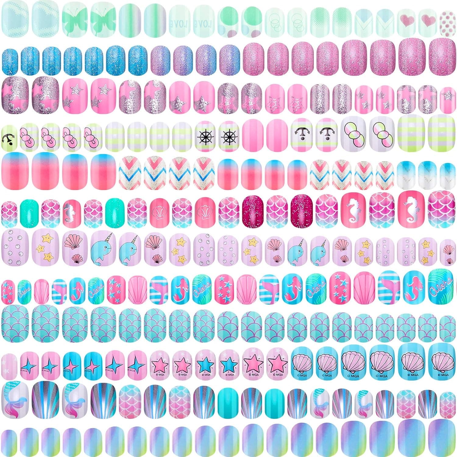 240 Pieces 12 Sets Children Nail Kid False Nail Pre-glue Full Cover Fake Nail Girl Fake Fingernail Artificial Nail Tip Cartoon Press on Fake Nail Gradient Short Nail Tip for Girls (Ocean Pattern)