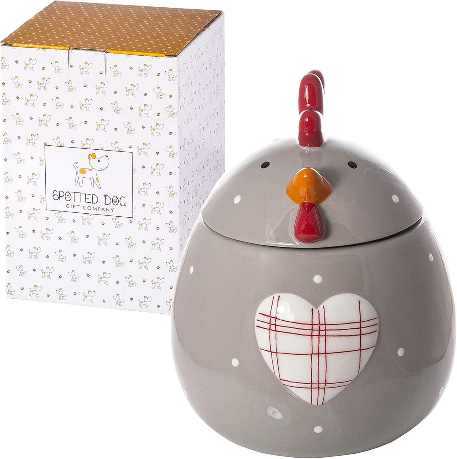 SPOTTED DOG GIFT COMPANY - Novelty Cookie Jar Ceramic with Lid, Taupe/Grey Chicken Themed Large Food Storage Jar, Chicken Kitchen Decor Accessories - Gifts for Animal Lovers (1.9L / 64 oz)