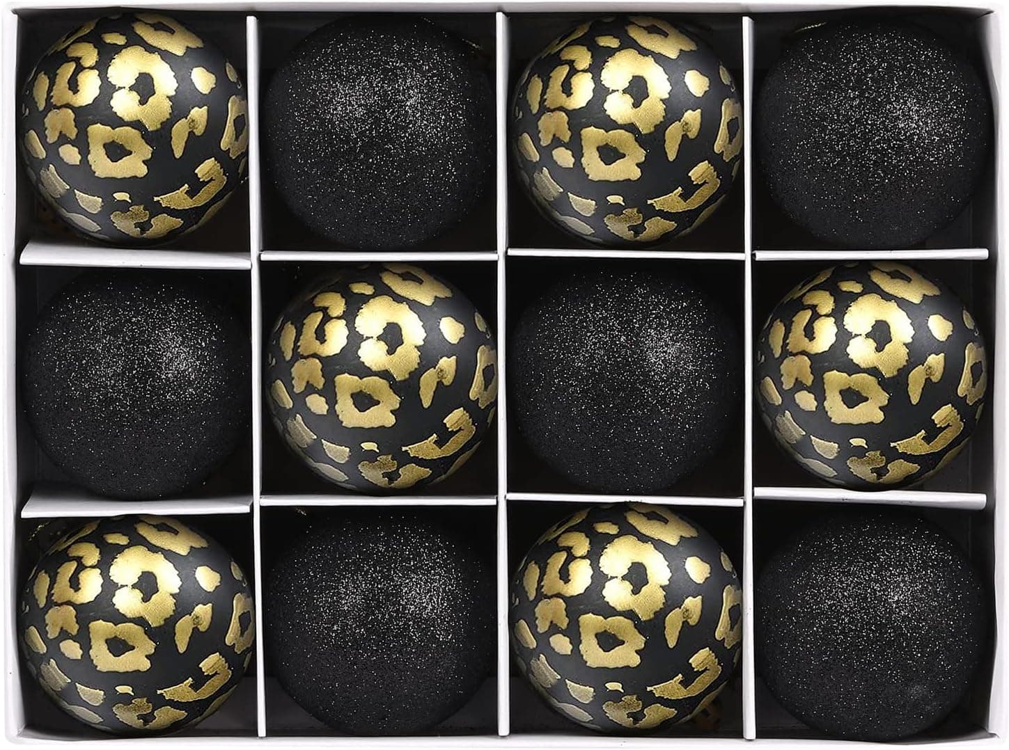 Emopeak Xmas Balls Baubles Set Shatterproof Noble Black Gift Set with Leopard Print and Glitters Christmas Ball Ornaments Decorative