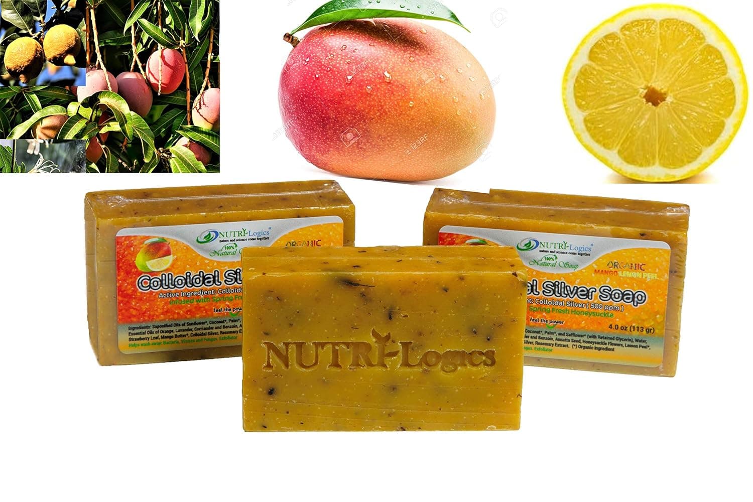 NUTRI-Logics COLLOIDAL SILVER SOAP , EXTRA STRENGTH ( 500 PPM ) ALL ORGAINC 4 OZ BAR , SPRING FRESH HOLISTIC HONEYSUCKLE LEMON MANGO WITH STRAWBERRY LEAF EXFOLIATION , 1 BAR