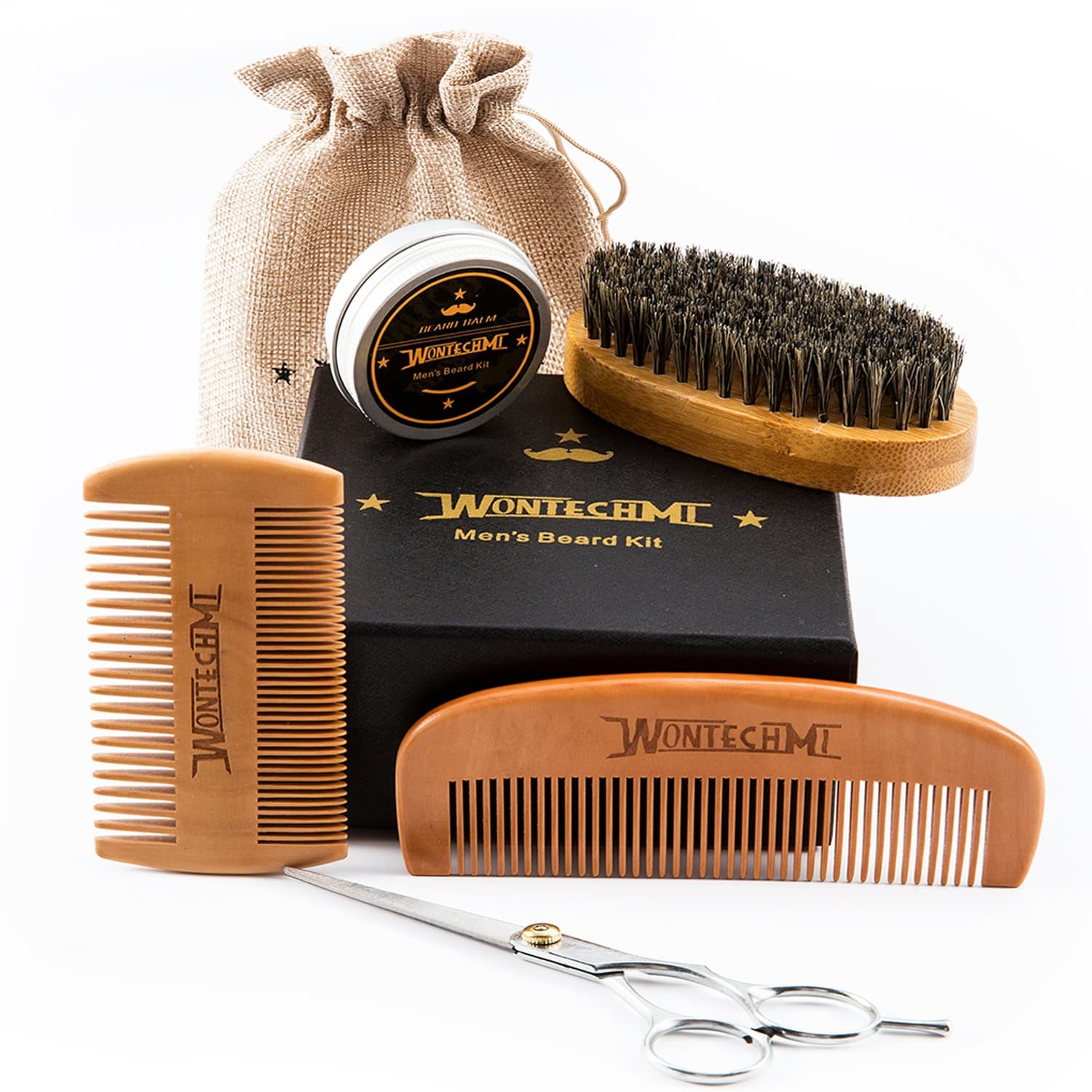 Men's Beard Grooming Kit, Beard Brush, WONTECHMI Beard Comb, Mustache and Beard Balm Butter Wax, Barber Scissors for Styling, Shaping and Growth, Christmas Gift